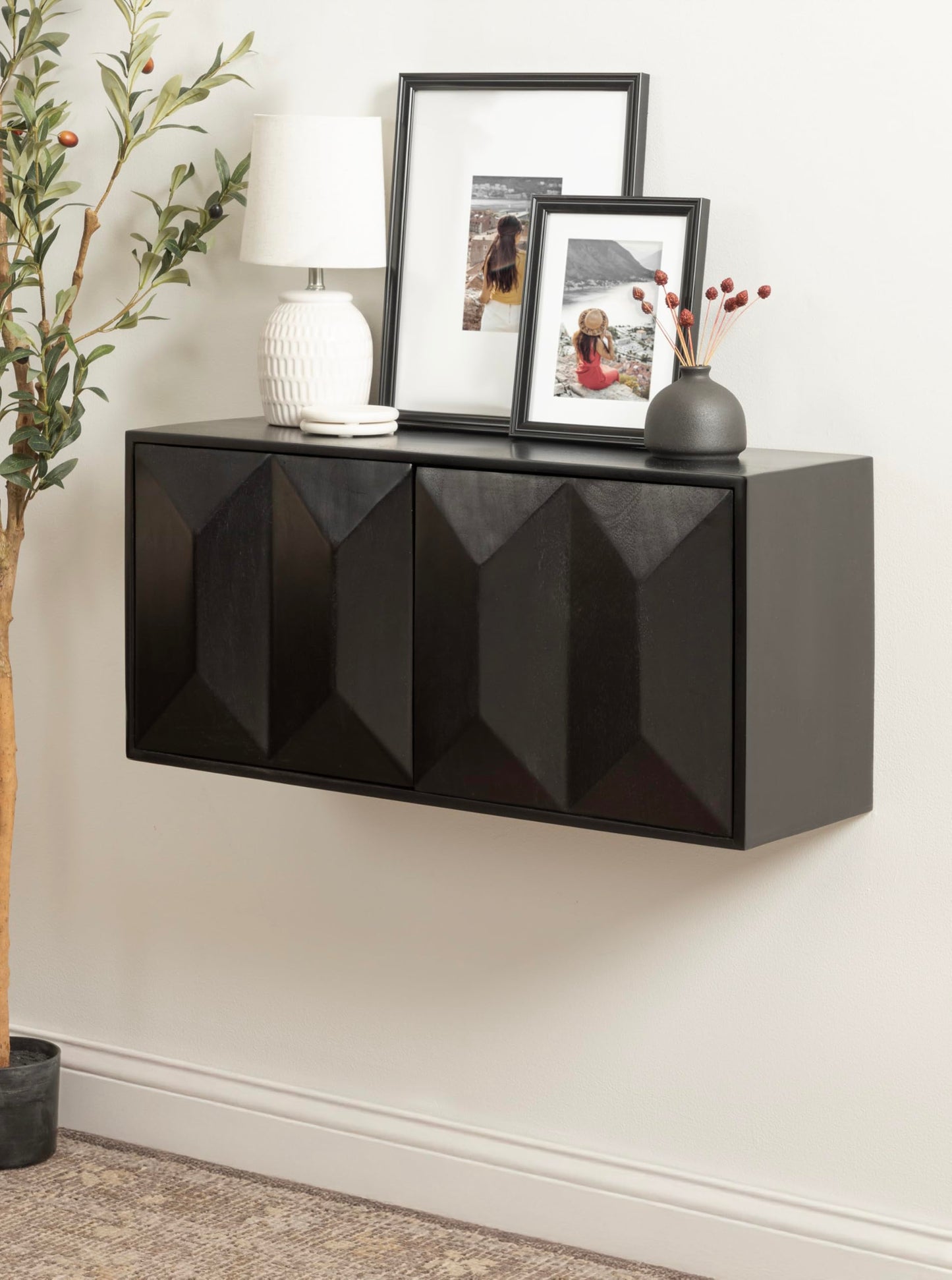 Kate and Laurel Ranier Modern Wooden Two-Door Wall Cabinet; 30 x 10 x 14; Black; Decorative Storage Cabinet with Dimensional Face for Use as Floating Nightstand or Floating TV Shelf