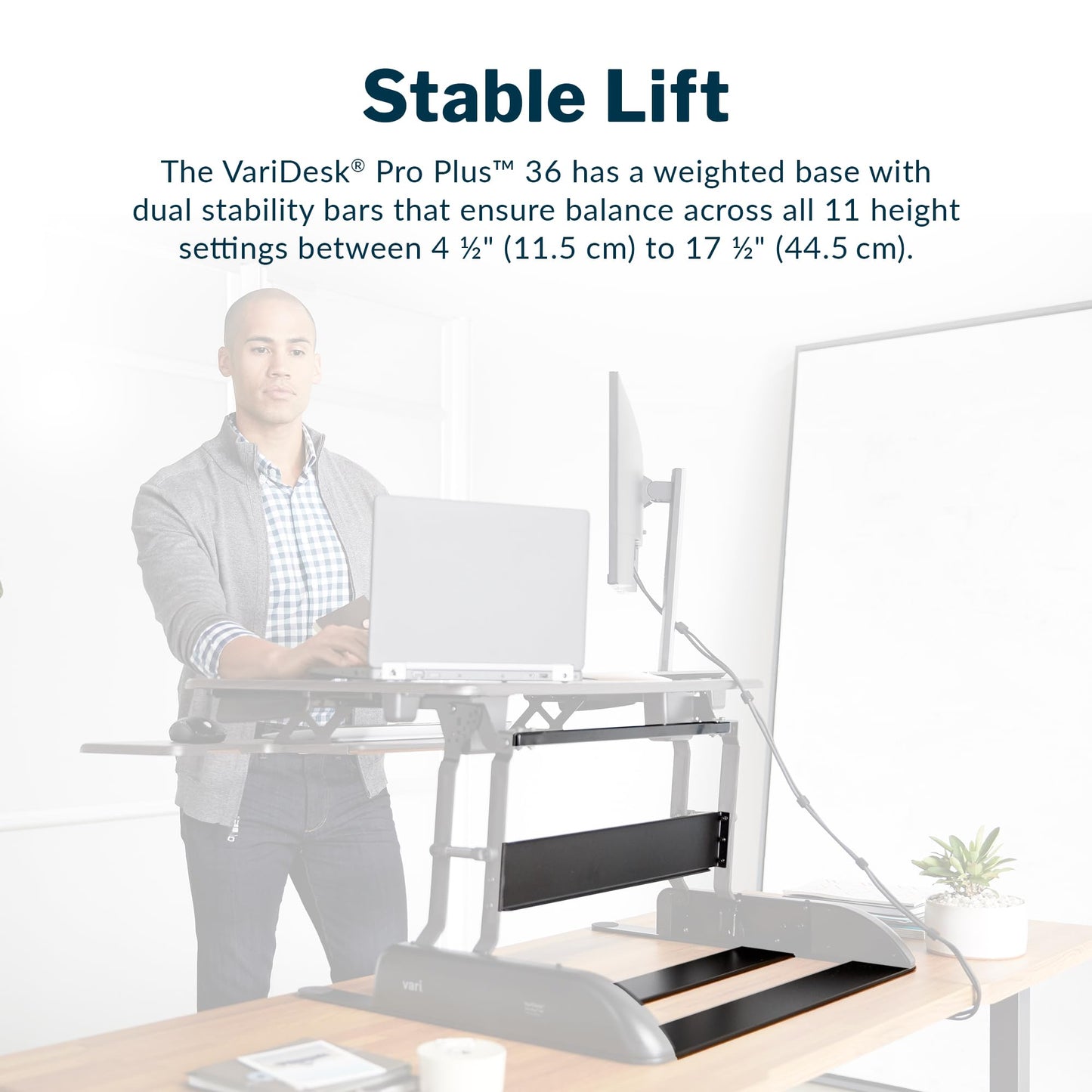 Vari Varidesk Pro Plus 36 Standing Desk Converter for Home Office – 11 Height Settings + Spring-Loader Lift, 2 Tier Design with Keyboard Tray, Fits Tables 26.5" Deep – Fully Assembled (Espresso)