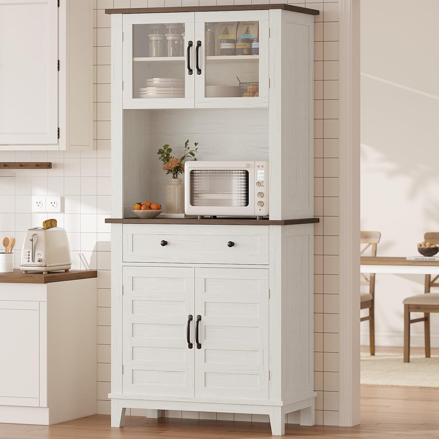 GarveeHome 72" Kitchen Pantry Storage Cabinet, Kitchen Hutch Cabinet with Storage, Microwave Stand with Drawers & Glass Doors, Pantry cabinets for Kitchen, Dining Room, Living Room, Light White