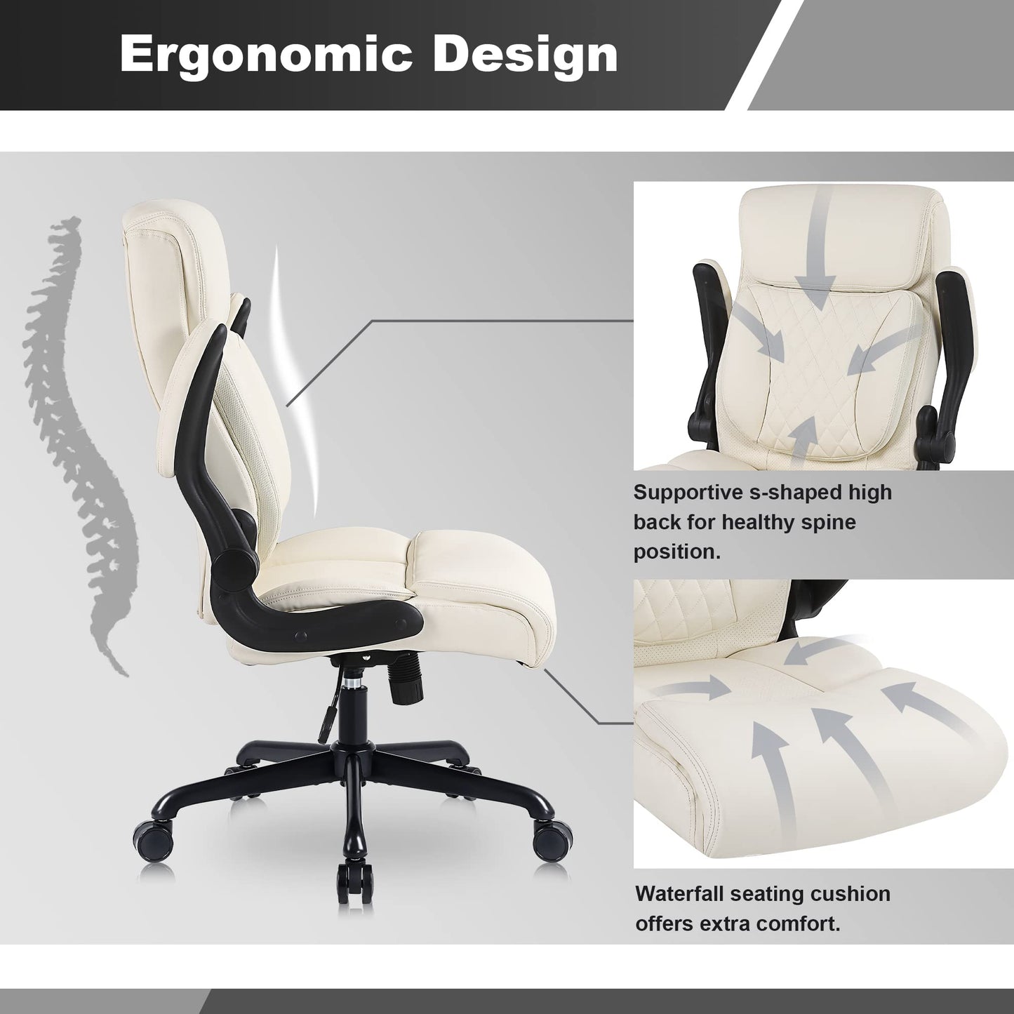 Youhauchair Executive Office Chair, Ergonomic PU Leather Computer Desk Chair with Lumbar Support, Flip-up Armrests and Adjustable Height, for Home Office, Beige