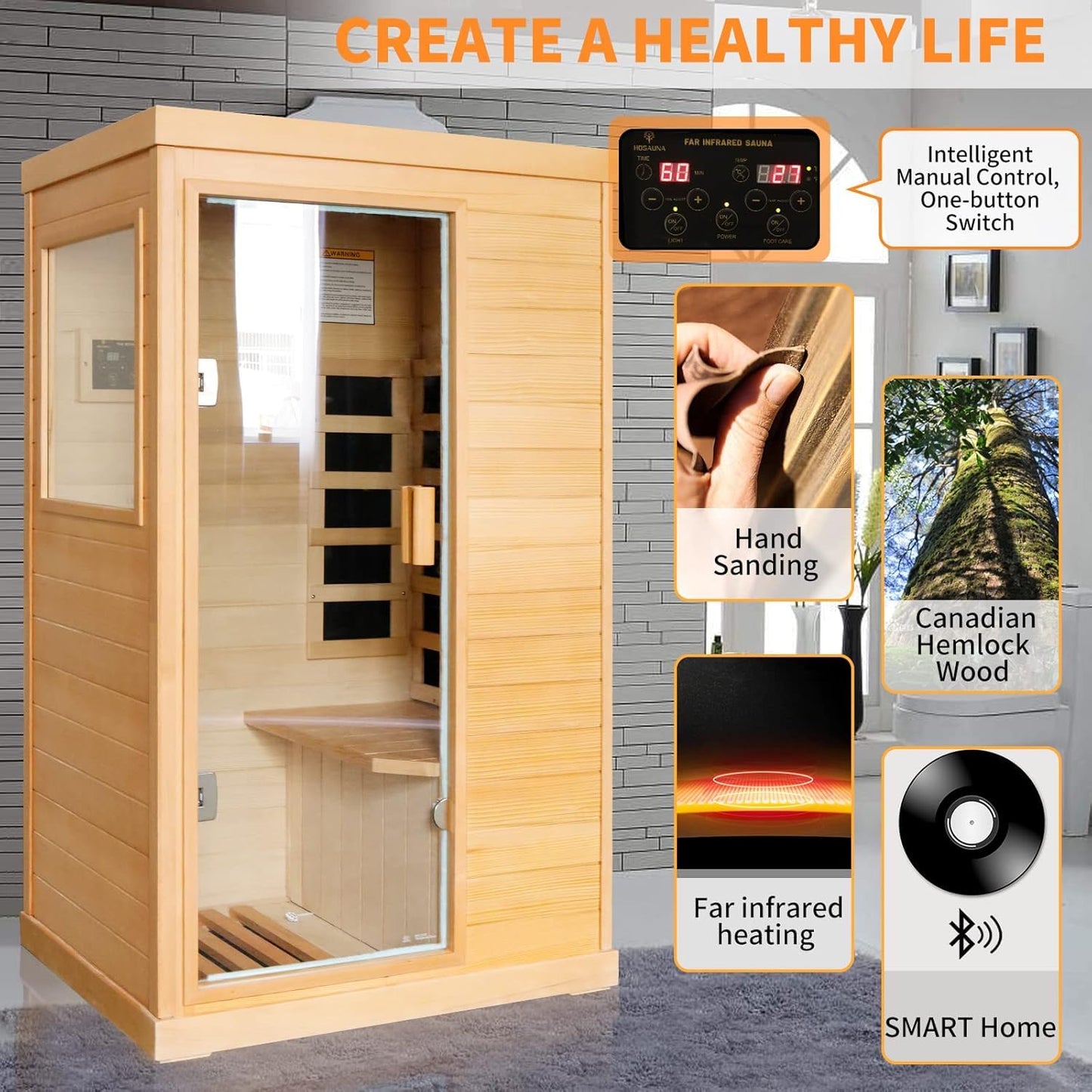 InfraHHZQ Infrared Sauna for Home 1 Person Far Infrared Sauna Canadian Hemlock Low EMF Indoor Sauna Room with 7 Color Lighting Speaker Personal Dry Sauna for Home Gym Spa Fast Heating Easy Assembly