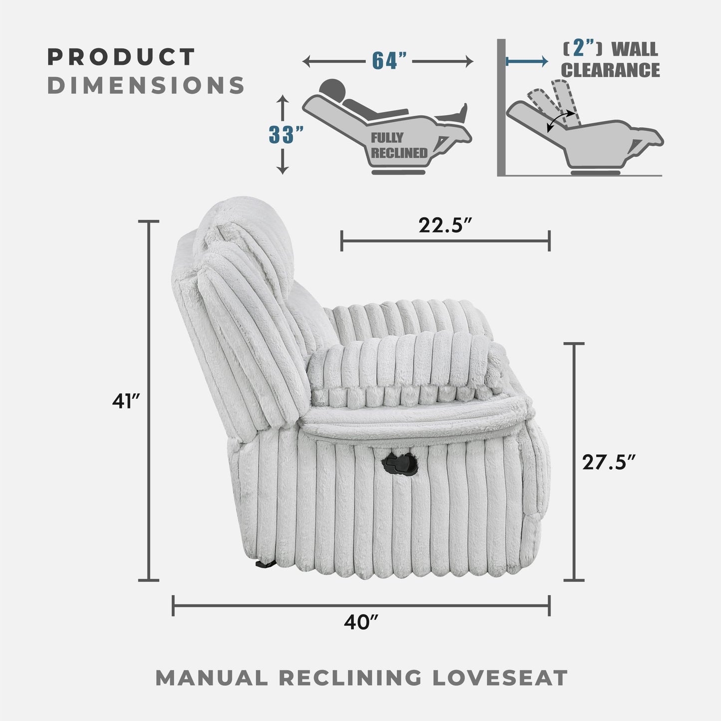 Lexicon Manual Double Reclining Loveseat with Center Console, Corduroy Manual Wall Hugger Recliner Couch, Pillow Top Arms, Cup Holders, Hidden Storage, Cozy Loveseat for Living Room, Gray