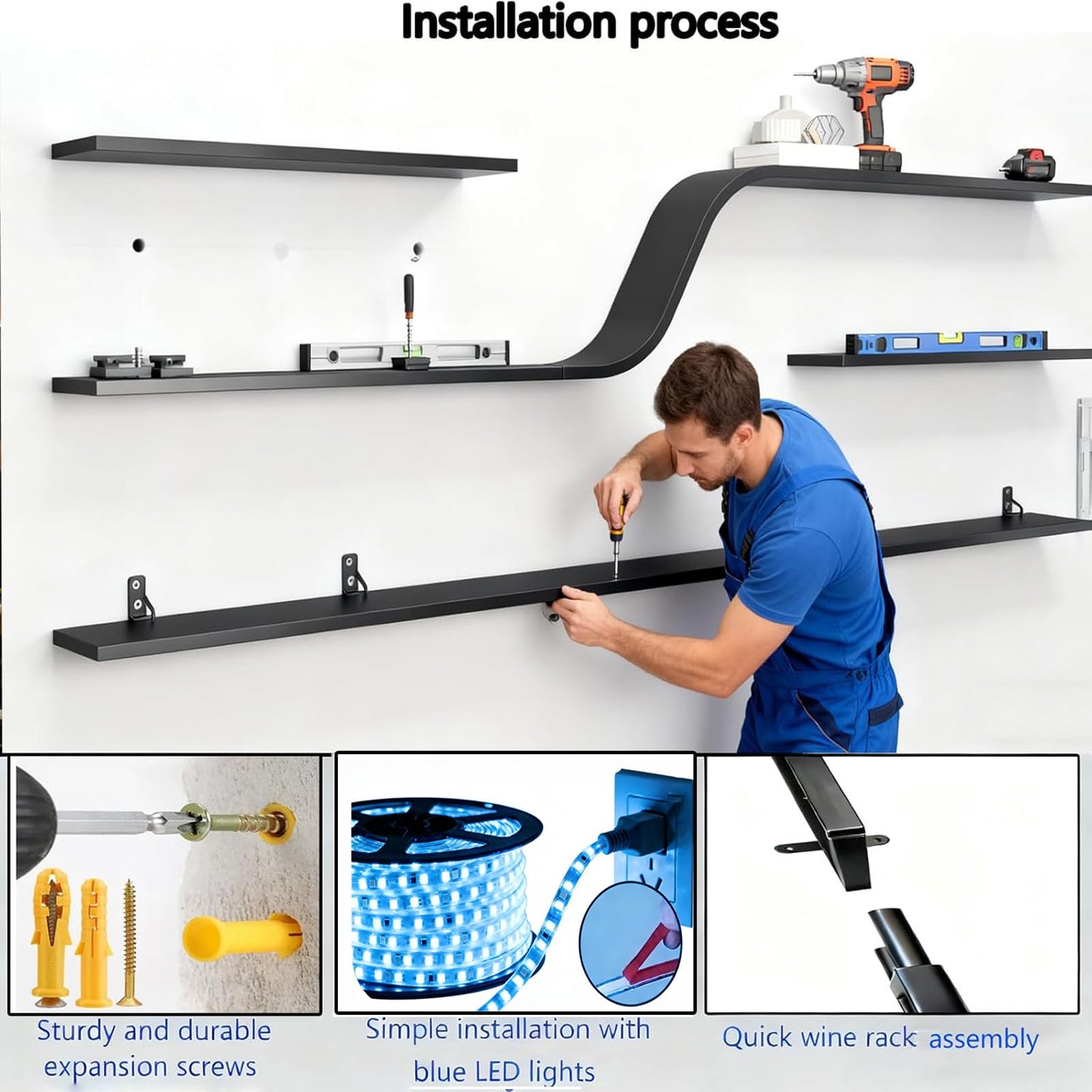 VITNSVILE 59IN Modern Wall Mounted Wine Rack with Blue LED Light