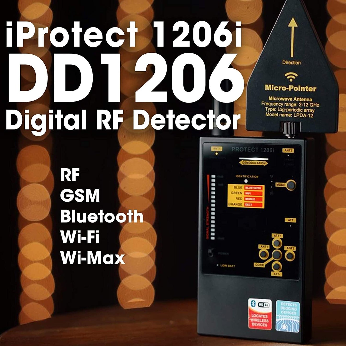KJB DD1206 iProtect Digital RF Detector; Extra High Sensitivity to Bluetooth, Wi-Fi 2.4 GHz, Wi-Fi 5GHz and Wireless Video Cameras; 16-Segment Bargraph Indicator; 2 Levels of Sensitivity (Attenuator)