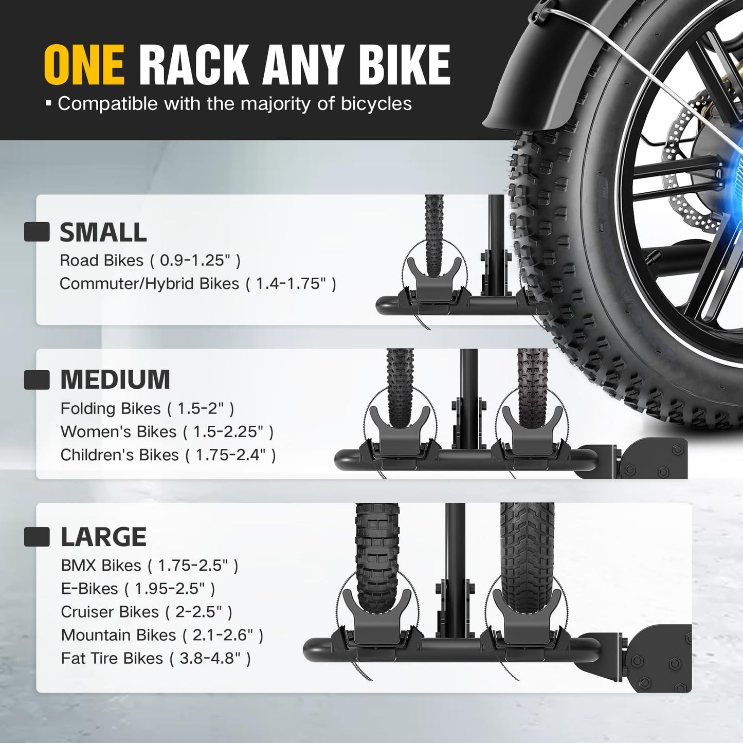 YZONA Foldable EBike Rack with Ramp for 2 Heavy Ebike, Fits 5'' Fat Tire Hitch Bike Rack, XXL Wheel Straps, Lockable & Tiltable, for Cars, SUVs, Trucks, Trailers