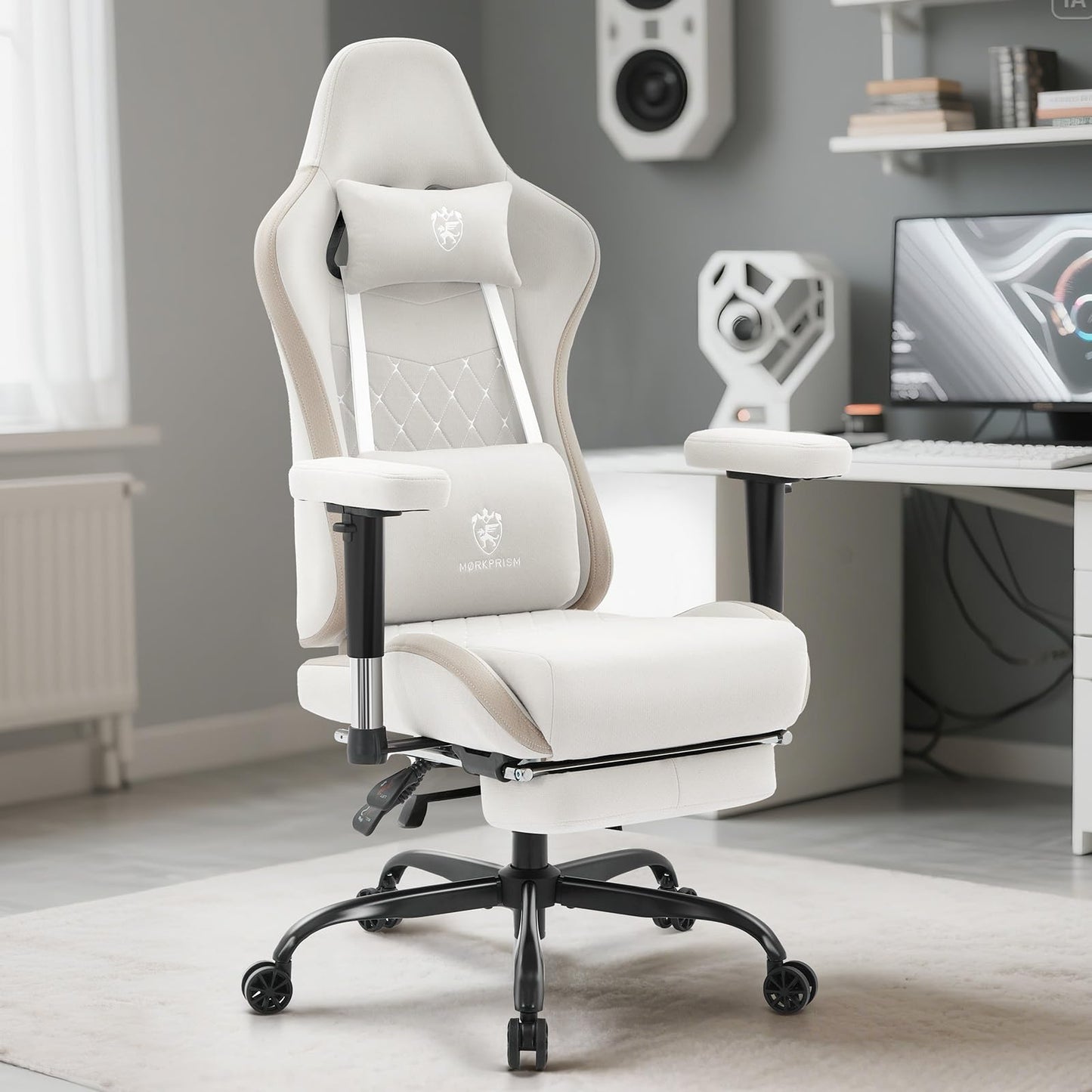 Morkprism Gaming Chair Breathable Fabric,Computer Office Chair with Footrest,Massage Lumbar Support and Gel Pad,Ergonomic Reclining Gamer Chair with Adjustable Armrests and Spring Cushion Beige
