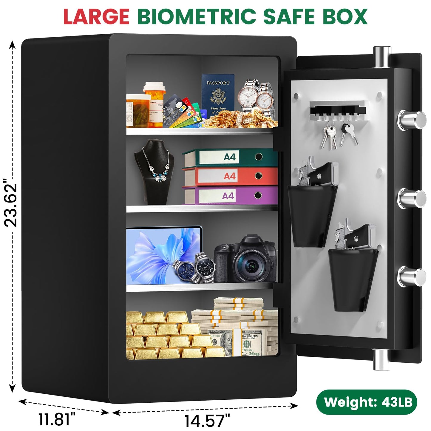 5.5 Cuft Biometric Fireproof Safe For Home, Heavy Duty Safe Box Fireproof Waterproof, Large Document Safety With Keypad and Dual alarms, Digital Security Safety Box for Money Jewelry