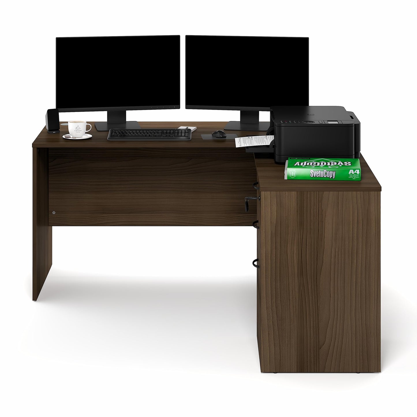 Furinno Roger 60 Inch L-Shaped Executive Desk with File Cabinet, L-Shaped Office Desk with 3-Drawer Fixed Pedestal Filing Cabinet, Desk Cord Grommet, for Home Office, Modern Walnut