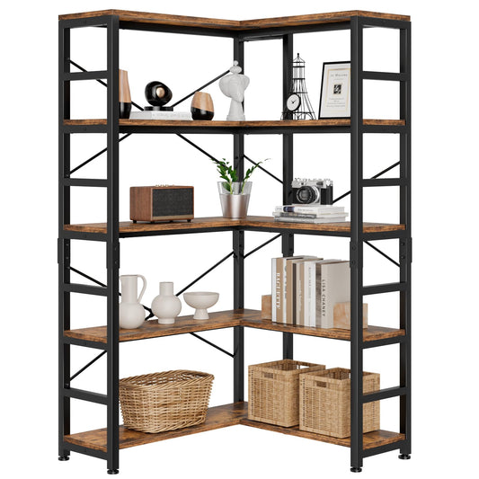 NUMENN 5 Tier Corner Bookshelf, Modern Corner Bookcase, Large Open Shelf Bookcase, Tall Bookshelves Storage Display Rack for Bedroom, Living Room and Home Office, Vintage