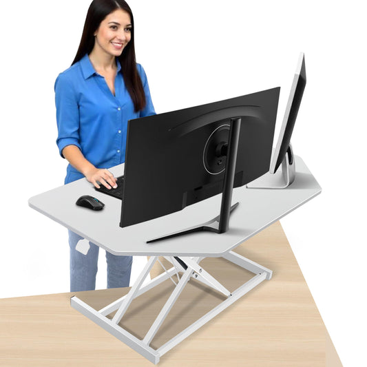 Aconcept 40 inch White Corner Height Adjustable Standing Desk Converter, One-Click Sit to Stand up Desk Riser, Pre-Assembled for Dual Monitor and Laptop Workstation