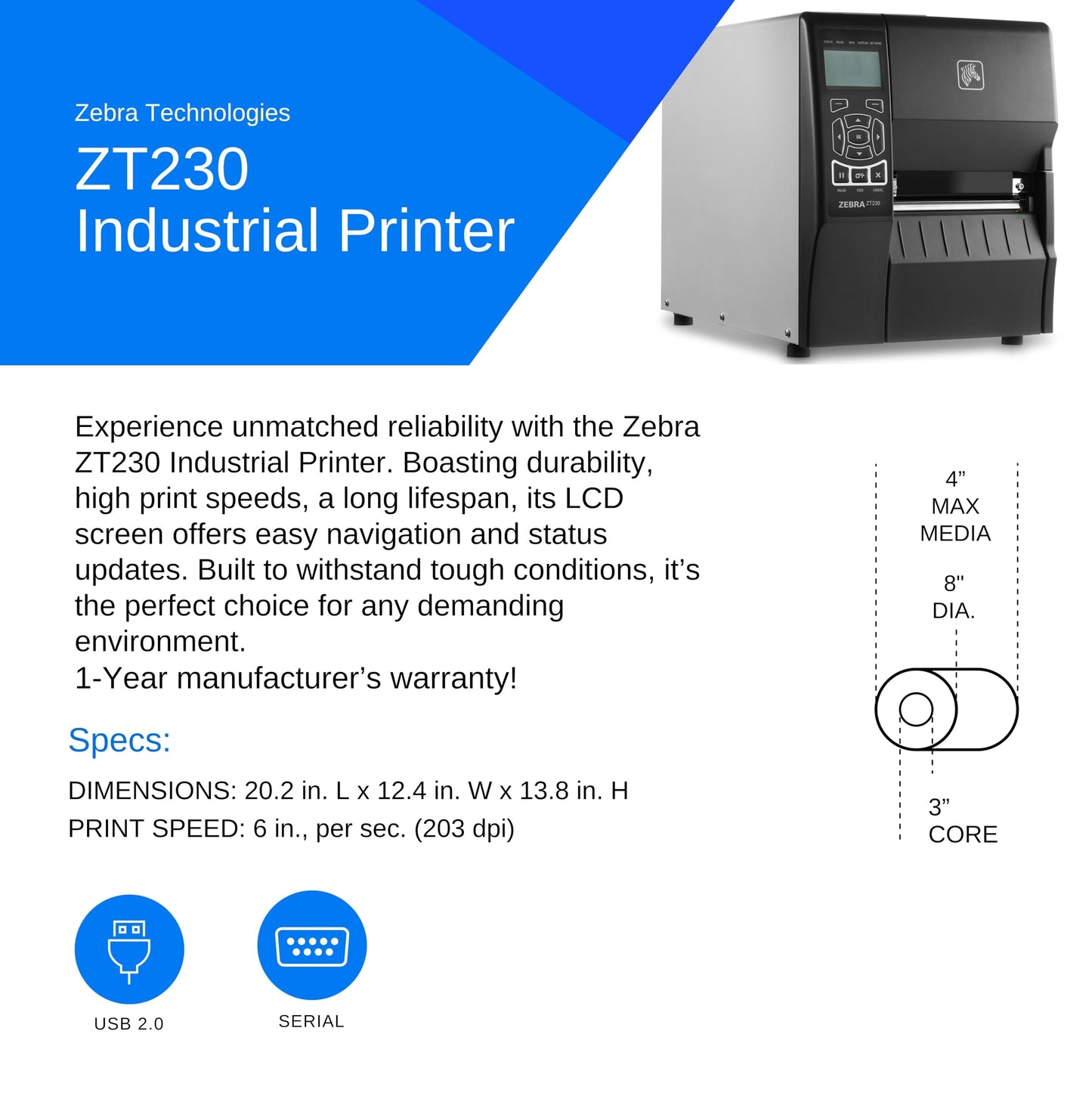 Zebra ZT230 Thermal Industrial Printer 4"| 203 DPI | No Ink Required | USB, Serial | LCD Screen | 1 Year Warranty | Thermal Transfer