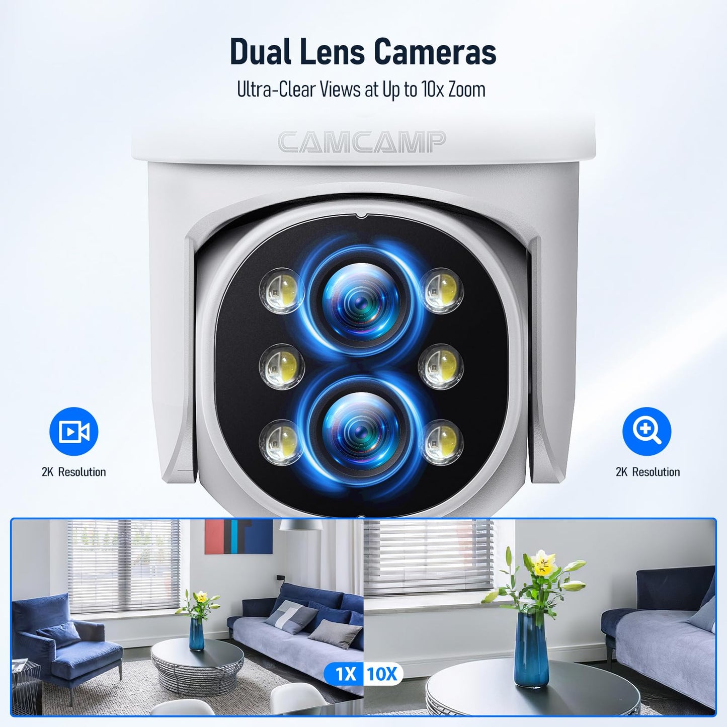 Camcamp Wireless Security Camera System with Monitor,10x Zoom 5MP Dual Lens Security Camera Outdoor with Night Vision,Motion Detection,Expandable 10CH 4K NVR.for Home Surveillance Kits Indoor/Outdoor