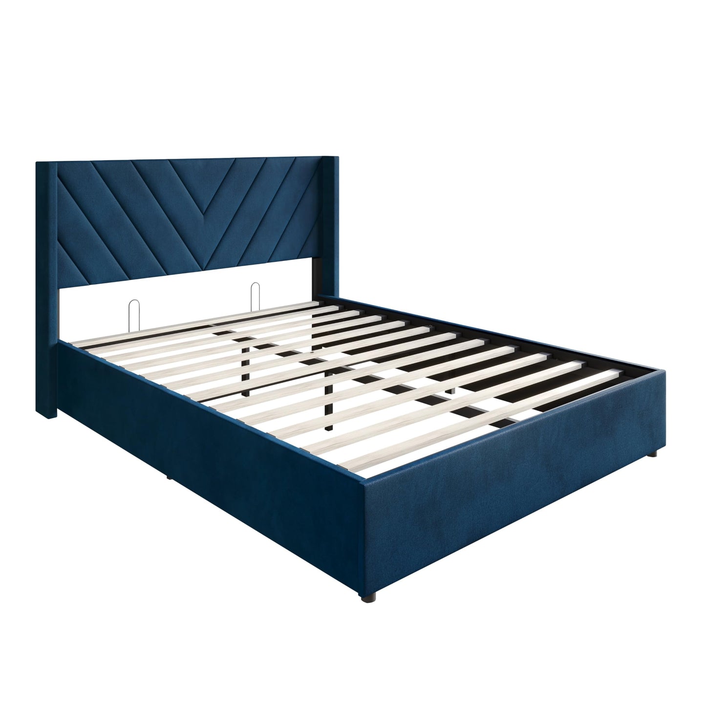 Castle Place Queen Wingback Velvet Upholstered Lift-Up Storage Platform Bed with Hidden Storage and V-Shape Stitching, Navy Blue