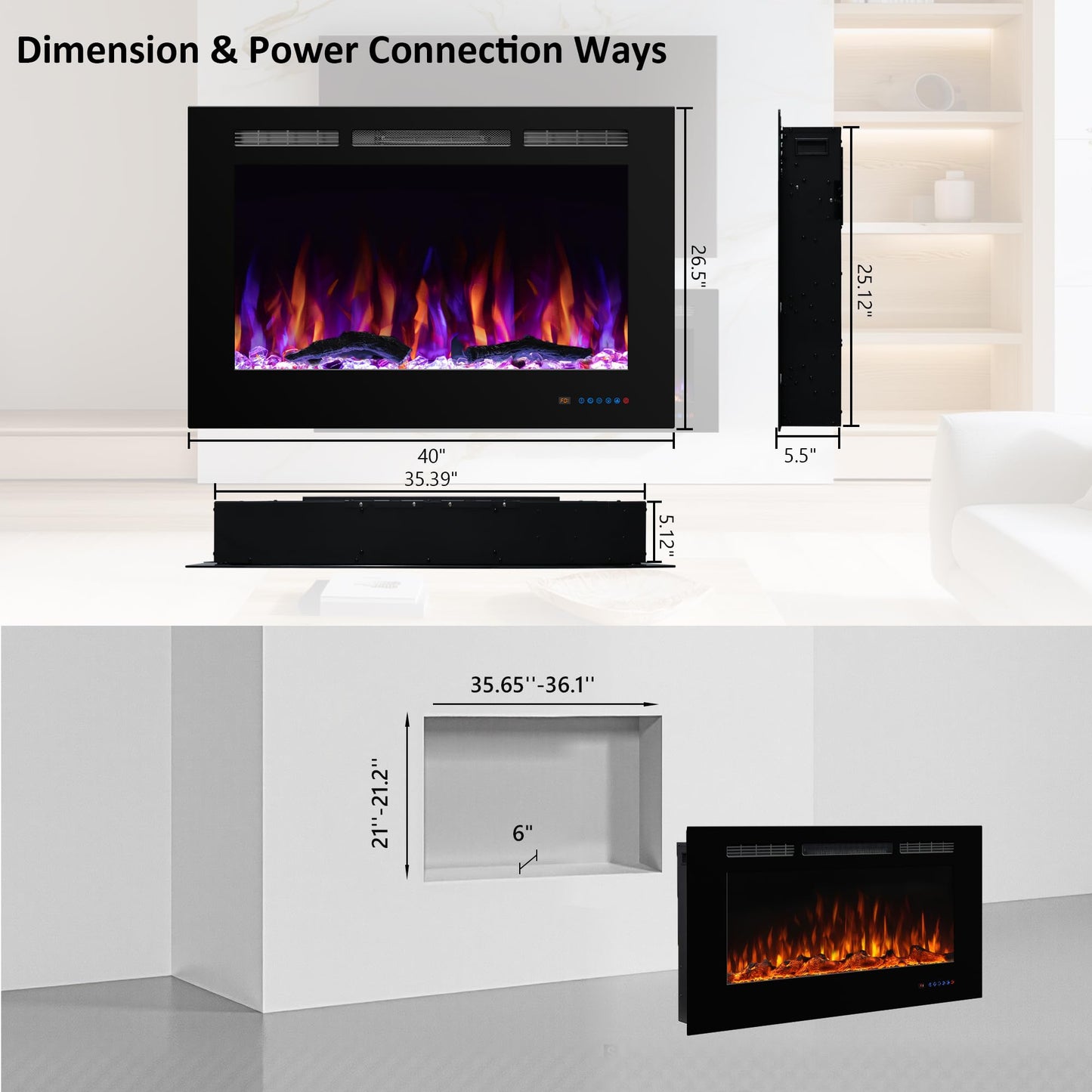 Dreamflame Electric Fireplace 40 inch Wide 26.5" High, Wall-Mounted & Recessed Fireplace Inserts, Multicolor Flame w/5 Dimmer, Remote Control Thermostat, Timer, Hardwire Connect, 1500W,Black