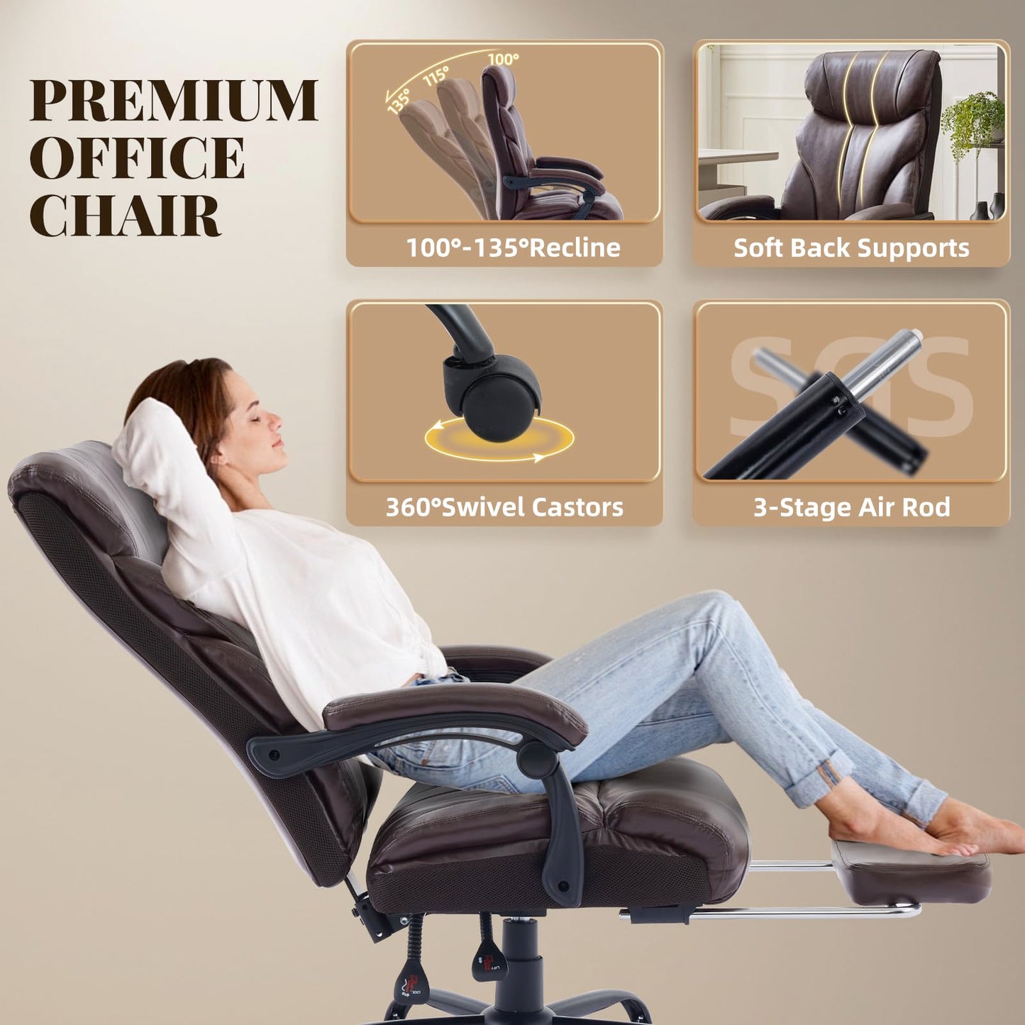 Big and Tall Office Chairs with Foot Rest,500LBS Wide Ergonomic Gaming Chair,100-135°Recline Executive Leather Computer Chairs with Adjustable Height,Coffee