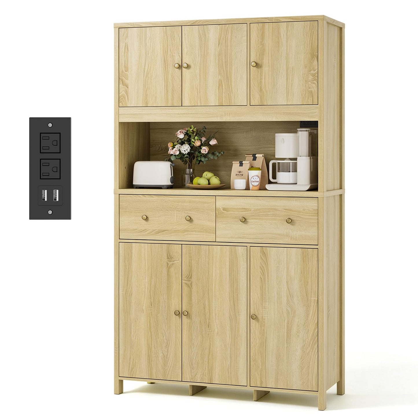 Garvee 71" H Pantry Cabinet with Charging Station, Tall Kitchen Pantry Storage Cabinet with Countertop, Modern Kitchen Hutch with Storage Drawers for Living Room, Dining Room, Natural