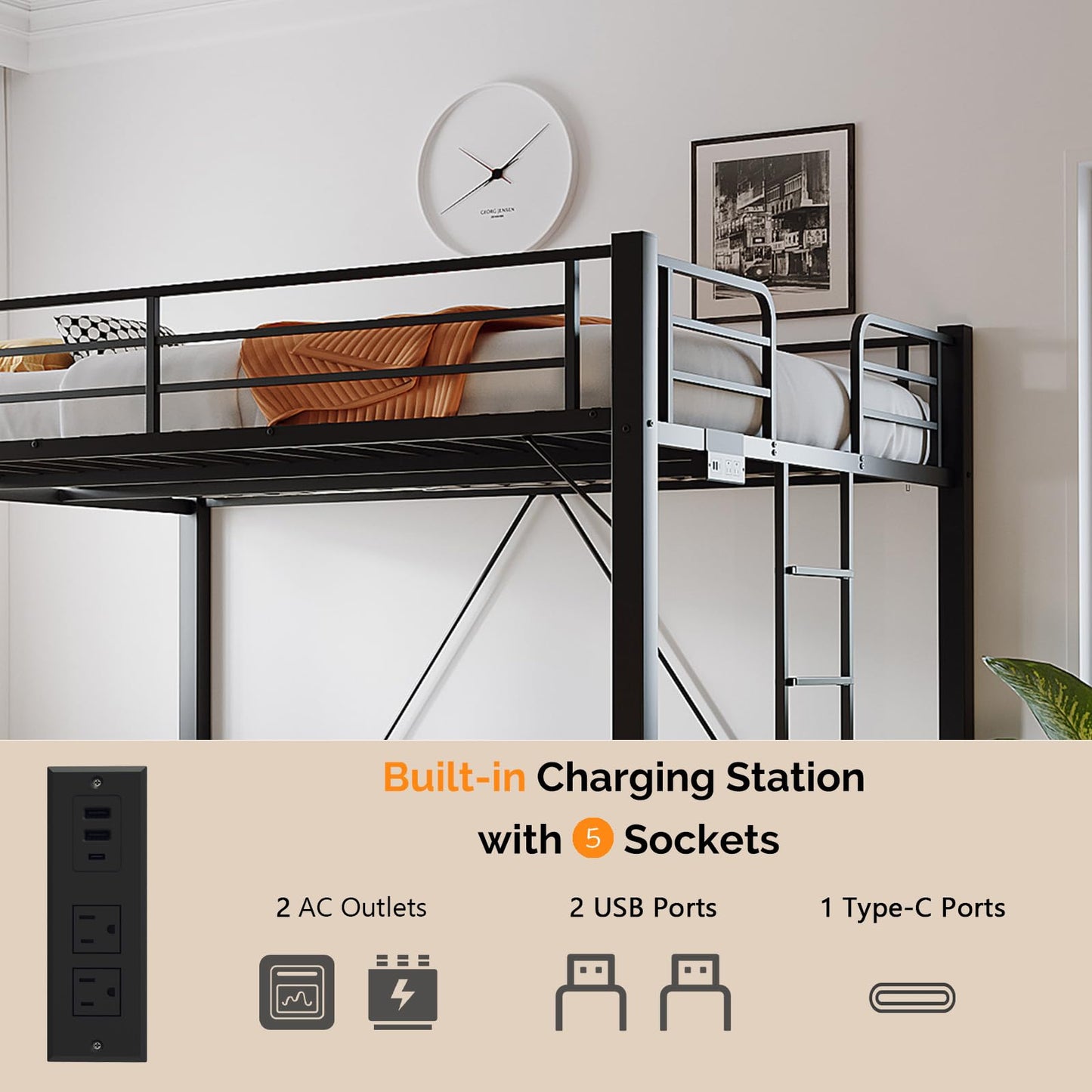 VINGLI Loft Bed Queen Size with Charging Station and LED Lights,Safety Guardrail and Stair for Teens/Adults, No Box Spring Needed, Heavy Duty Metal Support Slat, Black