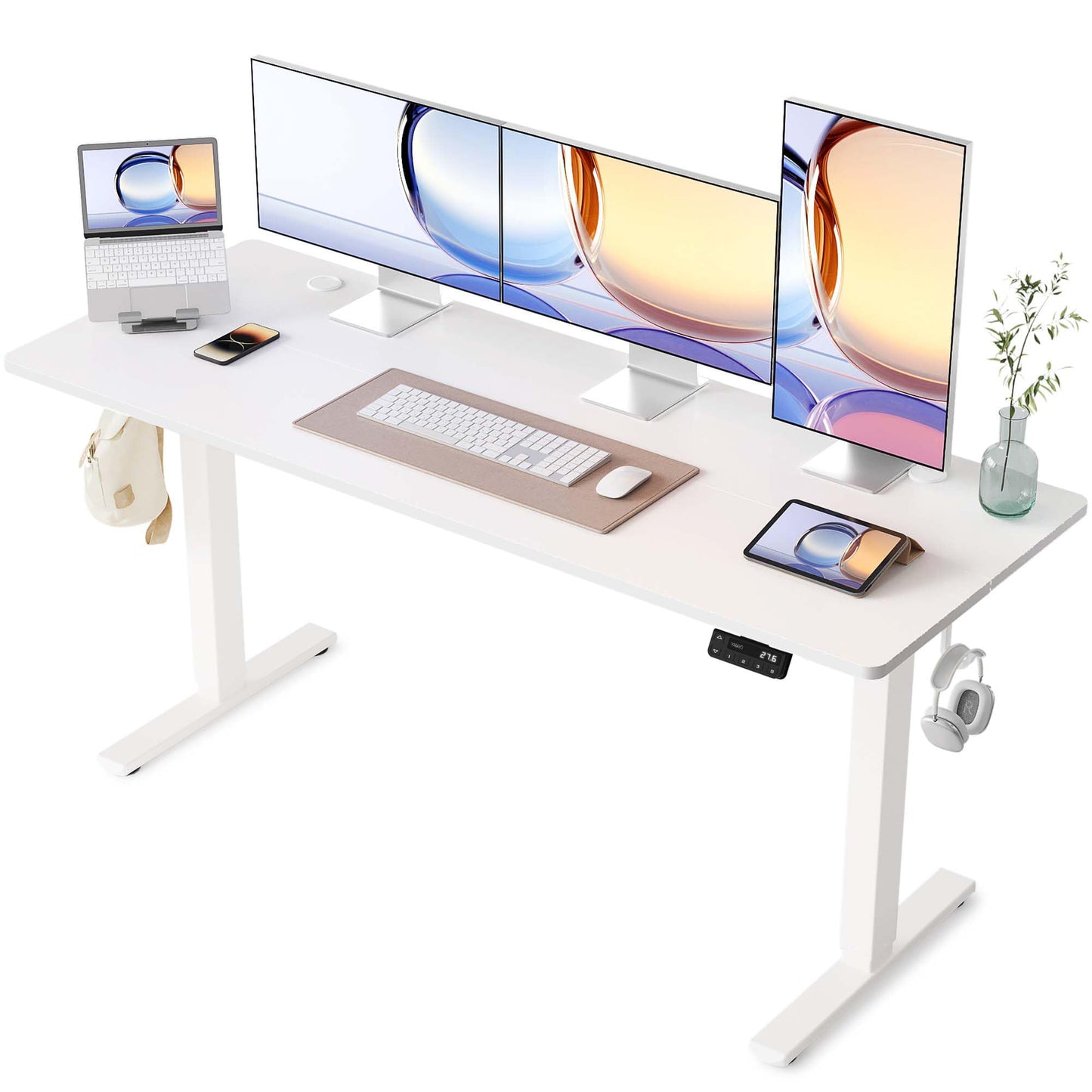 YIHAYO Electric Standing Desk, 63 x 24 Inches Stand Up Desk with Splice Board, Adjustable Height Desk, Computer Desk for Home Office, White Frame/White Top