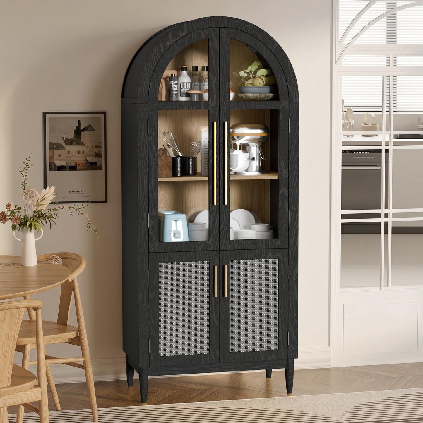 TRUNBACK 71" Tall Arched Cabinet with Glass Doors, Kitchen Pantry Storage Cabinet with Dust-Proof Rattan, 5-Tier Curio China Cabinet with Adjustable Shelves for Living Room Dining Room, Black