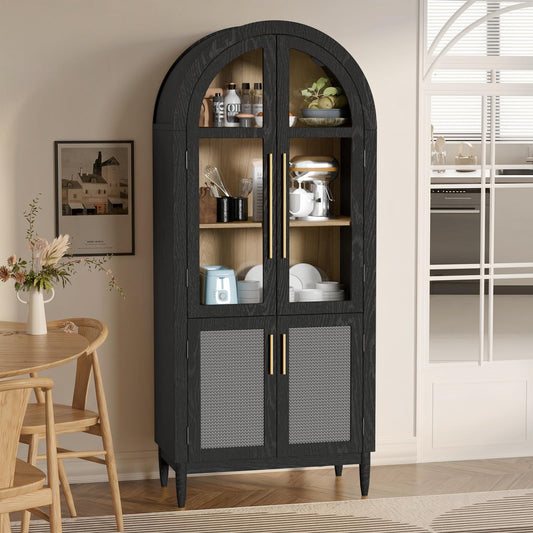 TRUNBACK 71" Tall Arched Cabinet with Glass Doors, Kitchen Pantry Storage Cabinet with Dust-Proof Rattan, 5-Tier Curio China Cabinet with Adjustable Shelves for Living Room Dining Room, Black