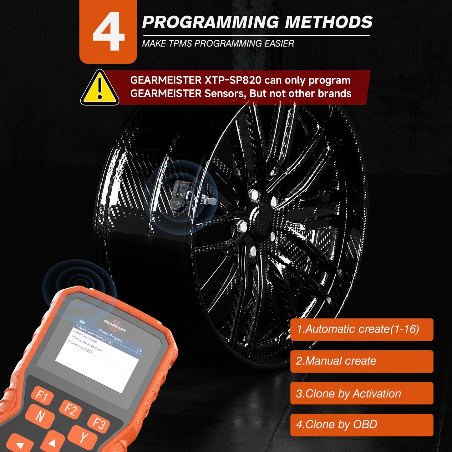 TPMS Programming Tool, Tire Pressure Monitor System Relearn Tool Set with 4 Pack 315MHZ+433MHZ Metal Programmable Sensor, Original Sensor ID Cloning, Reset/Activate/Relearn Sensors XTP-SP820