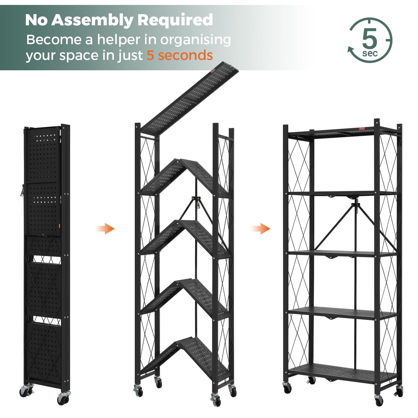 DEANIC 5-Shelf Folding Bookcase with Wheels, Heavy Duty Storage Shelves, Freestanding Metal Wire Shelving Unit for Living Room, Office, Kitchen, Basement, Pantry(Black 2 Pack)