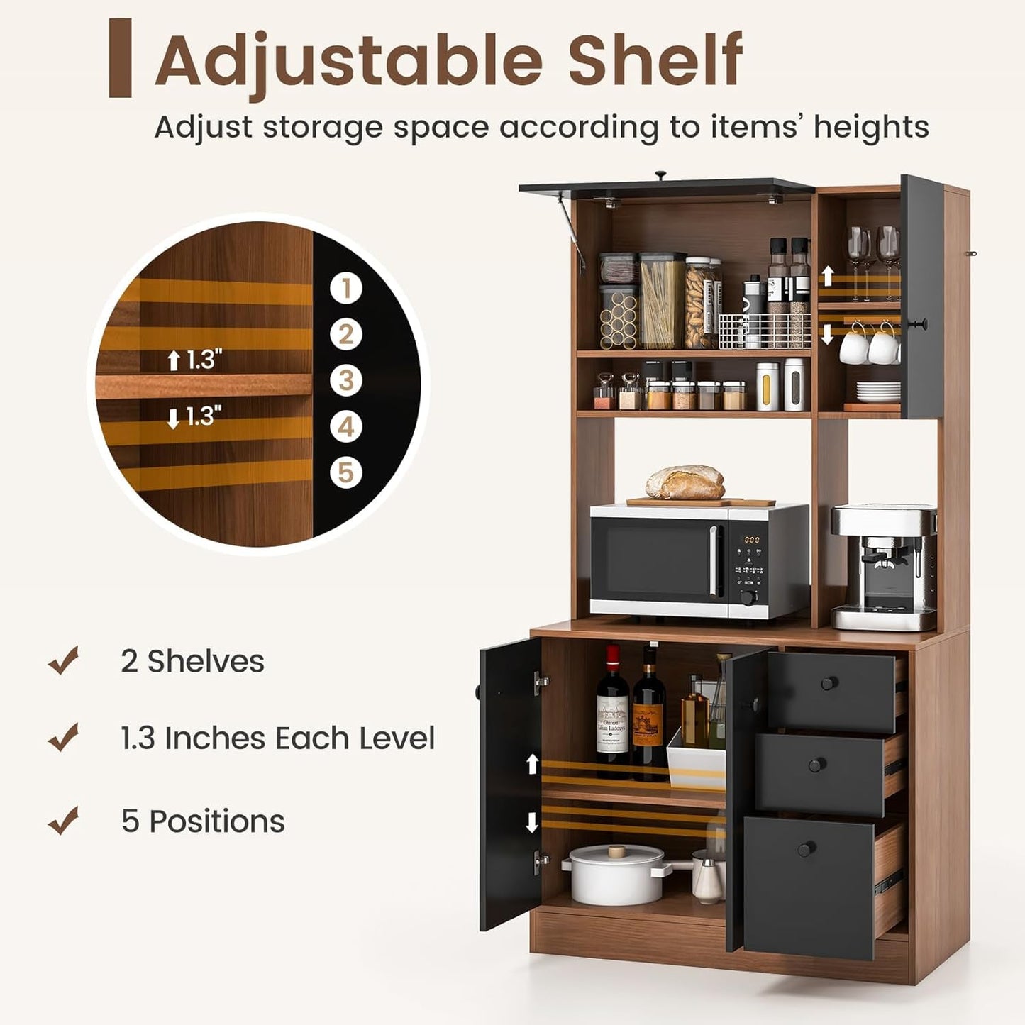 Nightcore Kitchen Pantry Storage Cabinet, 71" Freestanding Pantry with 3 Deep Drawers, Adjustable Shelves, Kitchen Hutch with Microwave Countertop for Dining Room, Living Room (Walnut & Black)