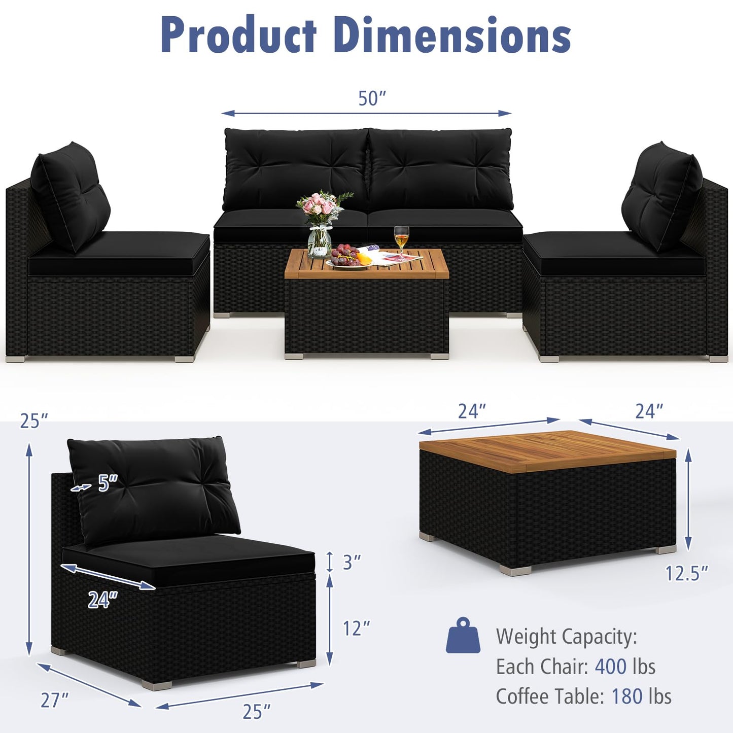 Tangkula 5 Pieces Wicker Patio Furniture Set, Outdoor 4 Armless Rattan Sofa & Coffee Table Set, with Cushions, Acacia Wood Tabletop, Sectional Patio Conversation Set for Lawn, Yard, Poolside, Black