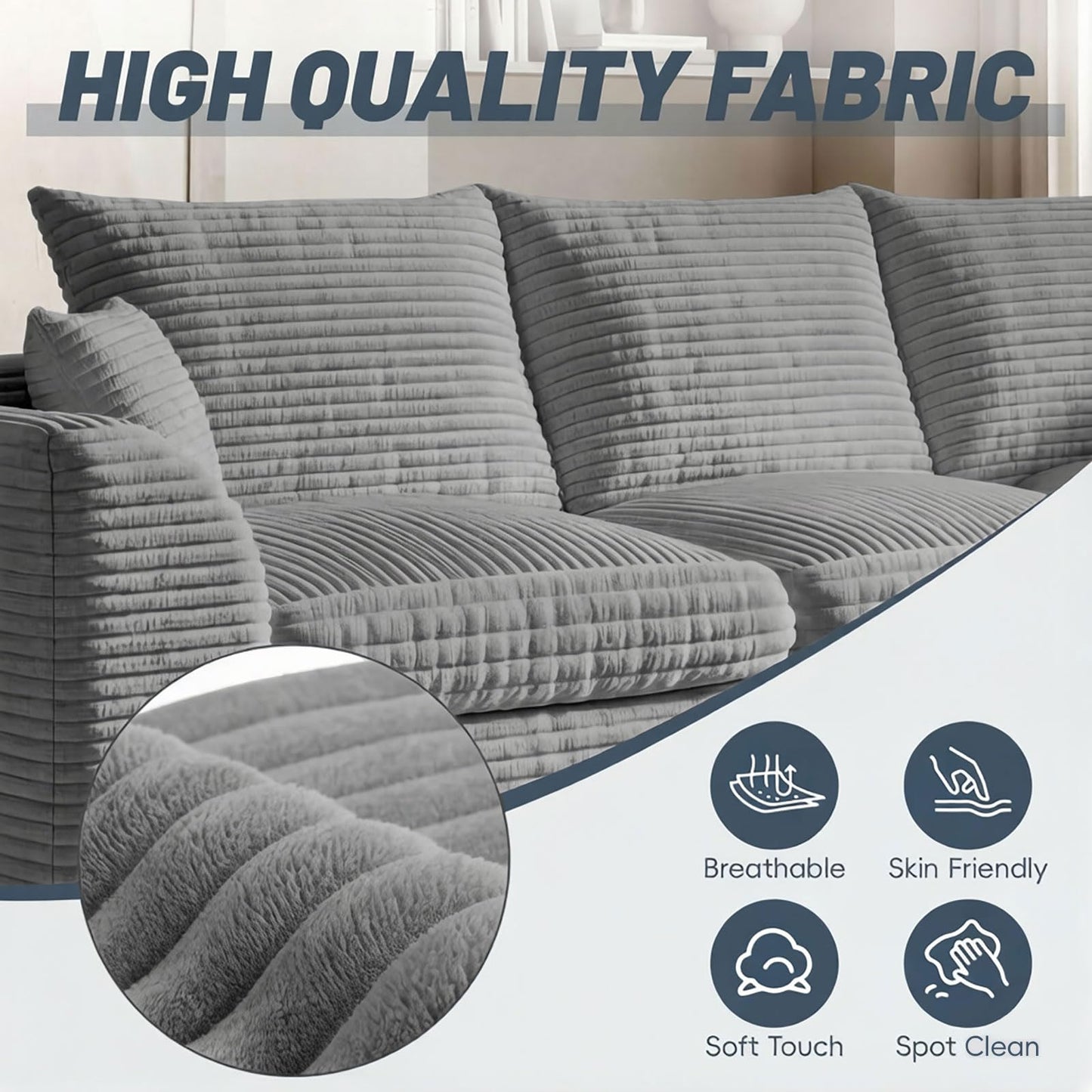 102-Inch L-Shaped Modular Boneless Cloud Sectional Sofa 4 Seat Floor Foam Sofa Couches Deep Seat with Ottoman,Comfy Corduroy Upholstered 4 PCS Compressed Cloud Couch