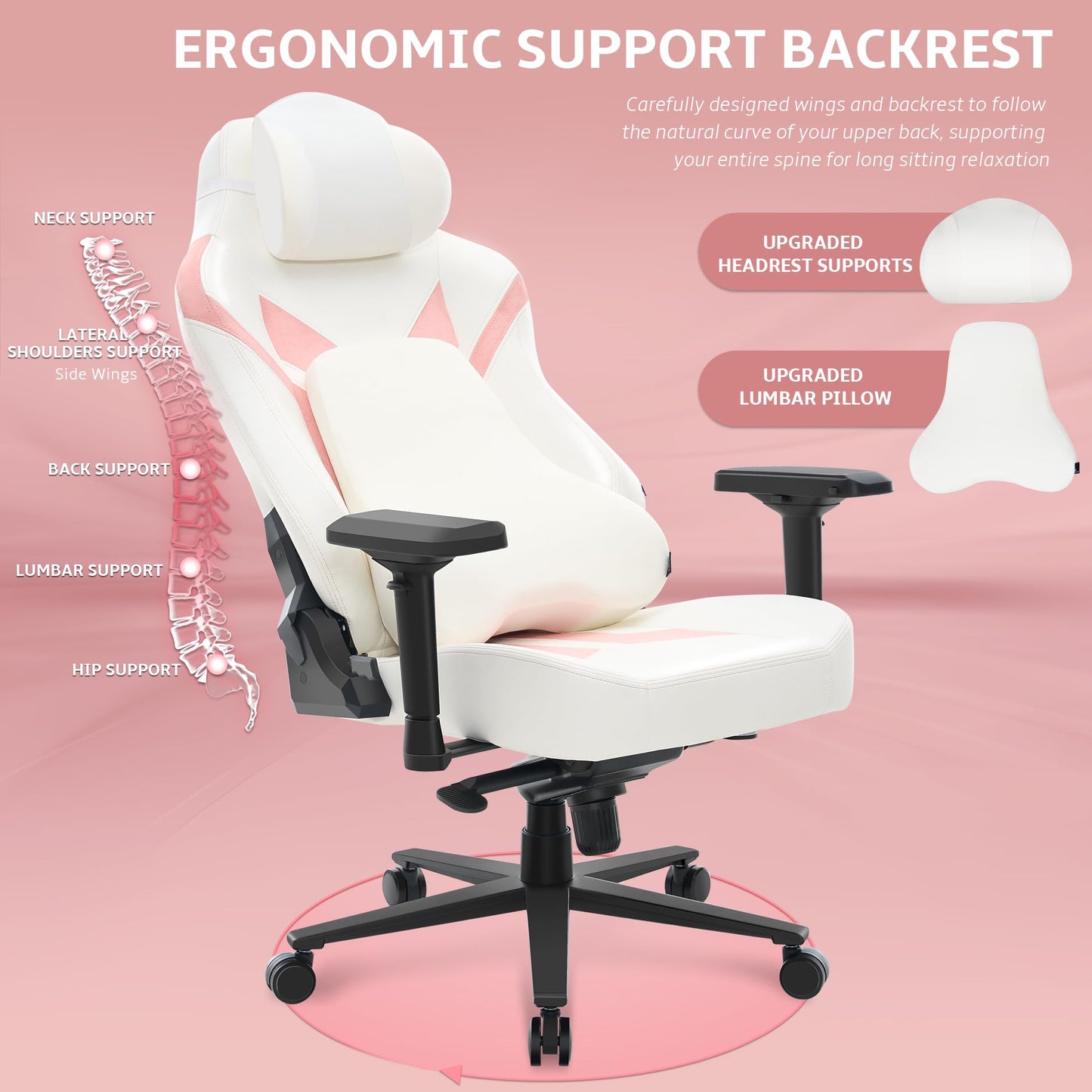 Wyrdforging Ergonomic Gaming Chair, Computer Desk Chairs, 4D Armrests, High Back Office Chair with Headrest & Lumbar Pillow, Tilt Rocker Recliner, Heavy-Duty Base, White PU Leather & Pink Suede Comb
