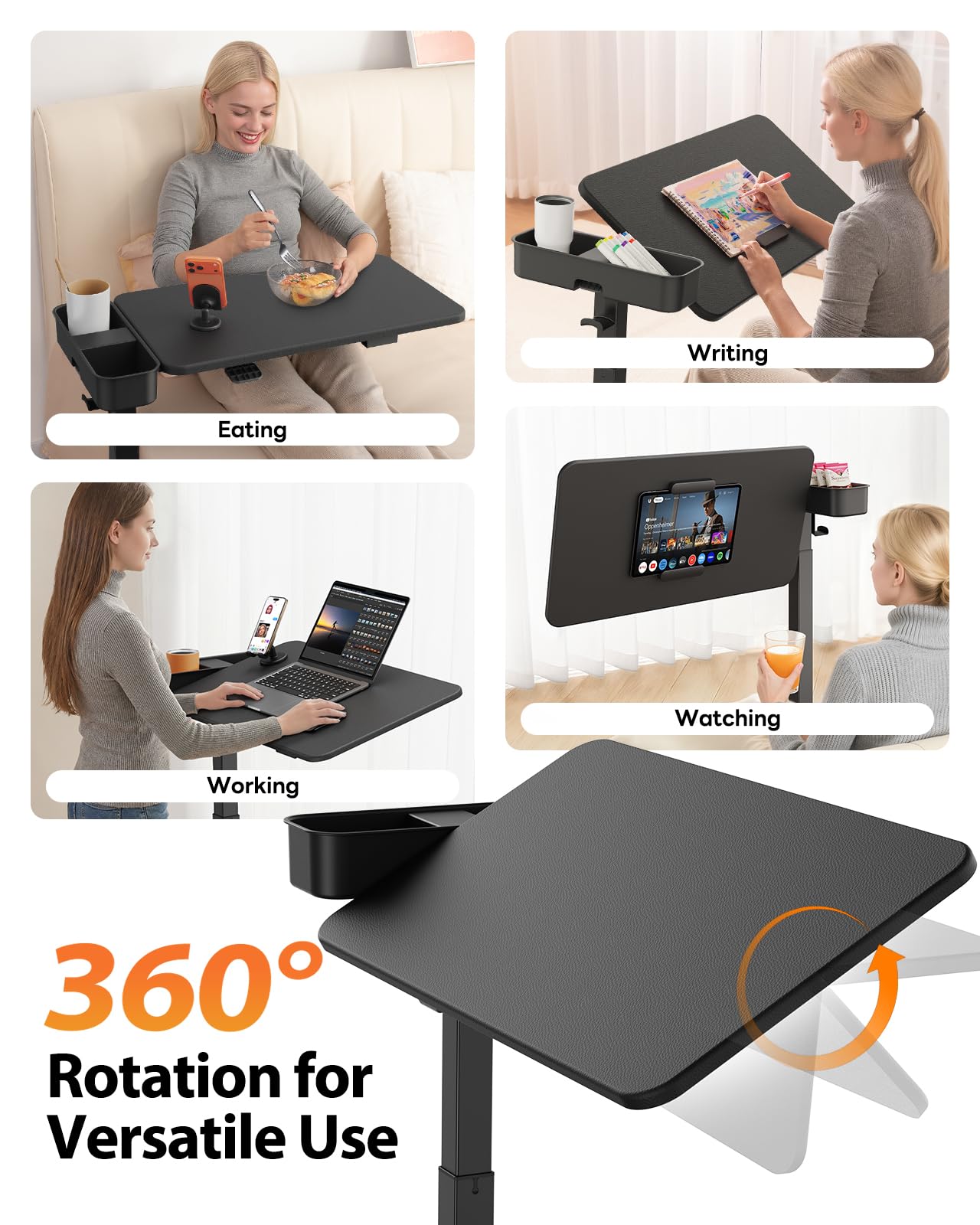 SAIJI Magnetic Overbed Bedside Table with Wheels, Height and 360° Angle Adjustable Over Bed Desk with Led Light, Portable Lengthened Rolling Laptop Standing Desk Mobile Bed Tables Hospital Home Use