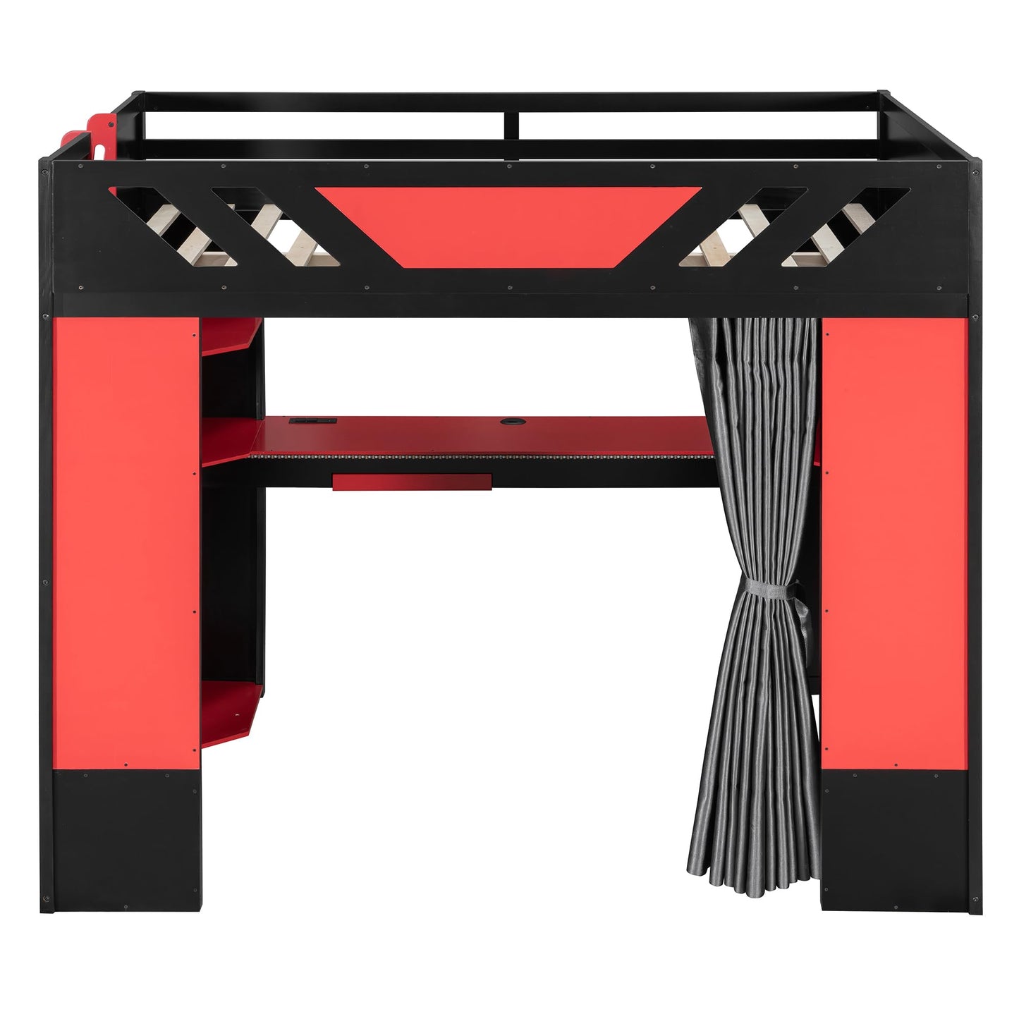 Merax Full Size Loft Bed with Desk and Storage Shelves, Gaming Loft Bed Frame with USB Charging Station and Curtains, Space Saving Loft Bed for Teens Bedroom, Black + Red
