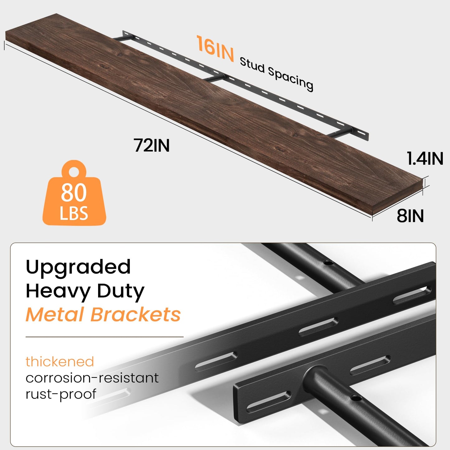 Fun Memories 72" Floating Shelves for Wall, Rustic Solid Elm Wood Floating Shelves - Invisible Bracket Mount, Extra Long Wall Mounted Shelf for Living Room, Bathroom, Bedroom, Kitchen, Walnut