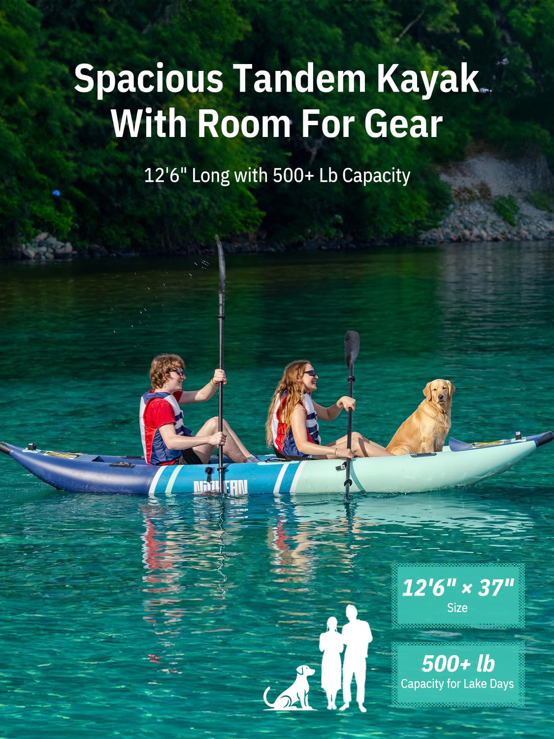 Niphean Inflatable Kayak 2 Person, 12'6" Tandem Kayak with 500lb Capacity, 3-Chamber Stable Design, Drop-Stitch Floor, with Fishing Mounts, Camera Base, Kayaks Seats for Lakes, Touring, Fishing