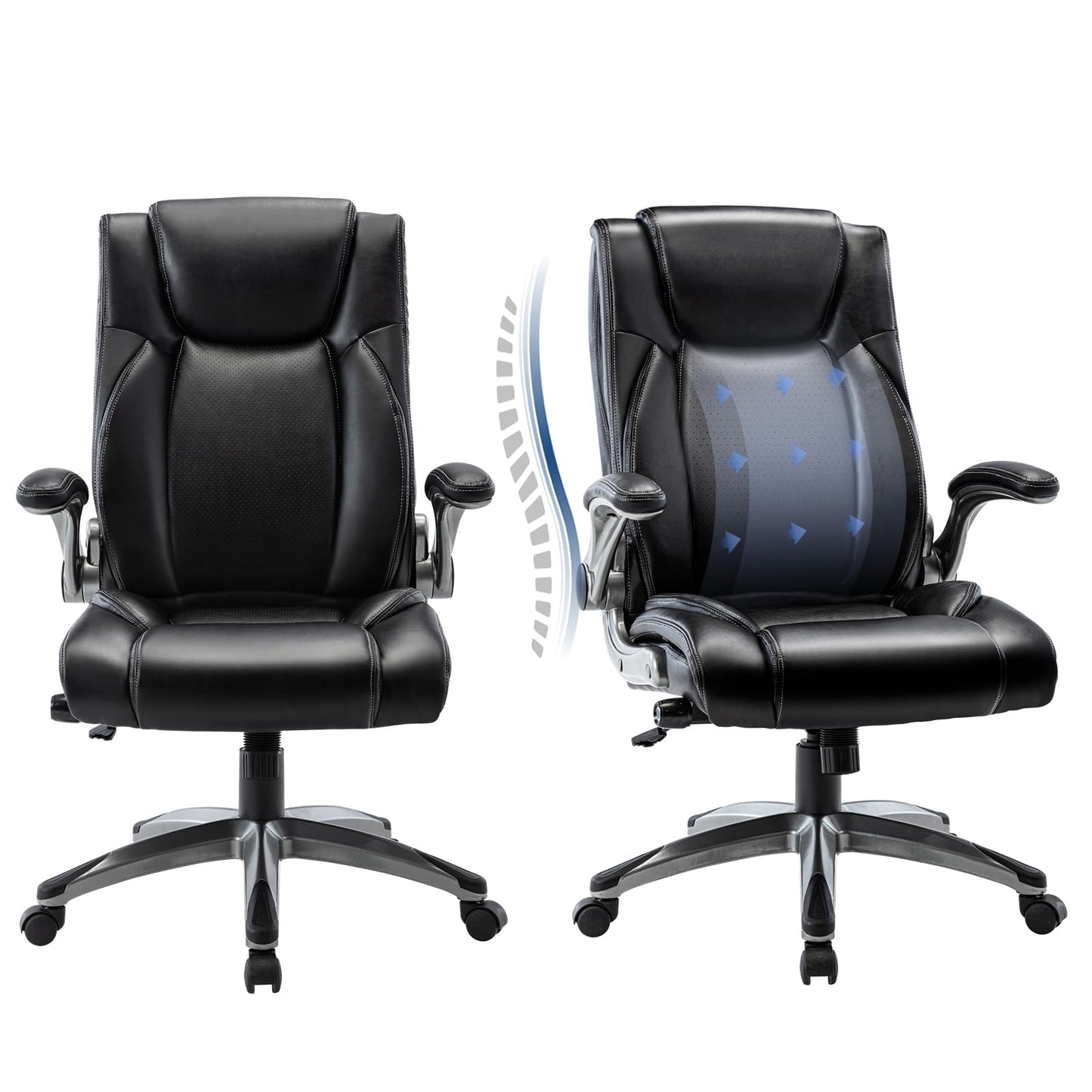 COLAMY Executive Office Ergonomic Chair with Thick Bonded Leather, 300lbs Capacity Big and Tall High Back Desk Chair with Flip-up Armrests, Adjustable Height and Tilt for Working, Study, Gaming,2PC