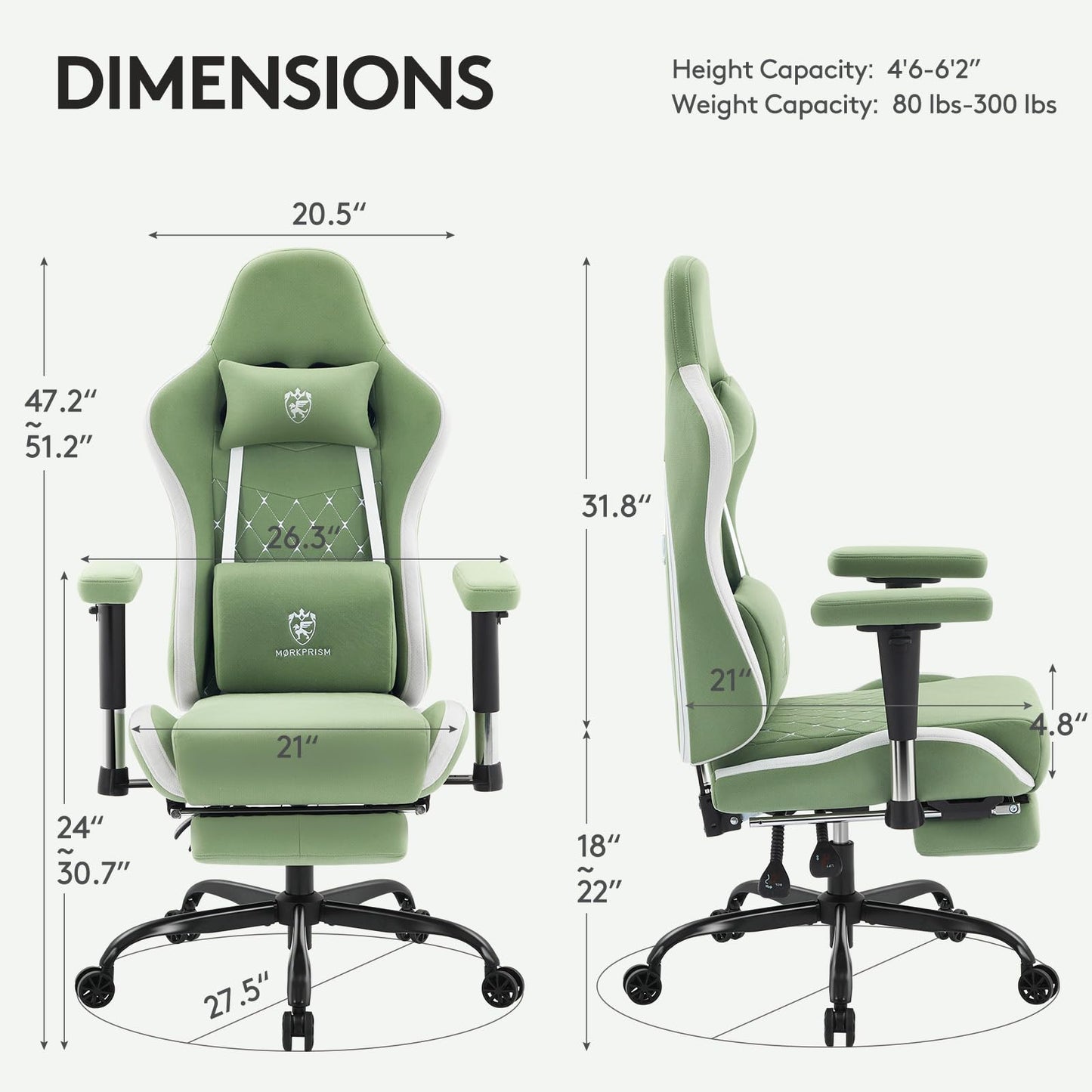 Morkprism Gaming Chair Breathable Fabric,Computer Office Chair with Footrest,Massage Lumbar Support and Gel Pad,Ergonomic Reclining Gamer Chair with Adjustable Armrests and Spring Cushion Green
