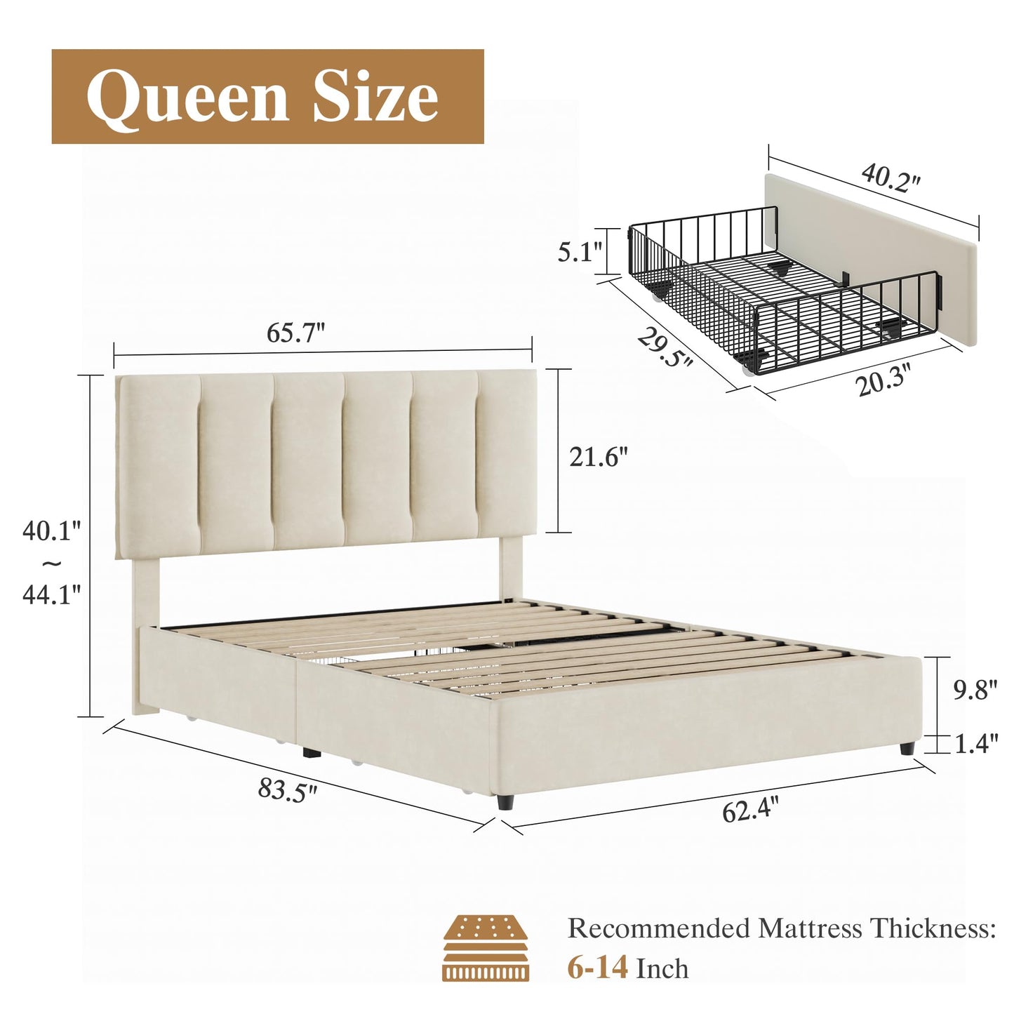 VECELO Queen Size Bed Frame with 4 Storage Drawers, Adjustable Height Headboard, Heavy-Duty Platform Bedframe with Strong Wooden Slats, No Box Spring Needed, Pale Beige