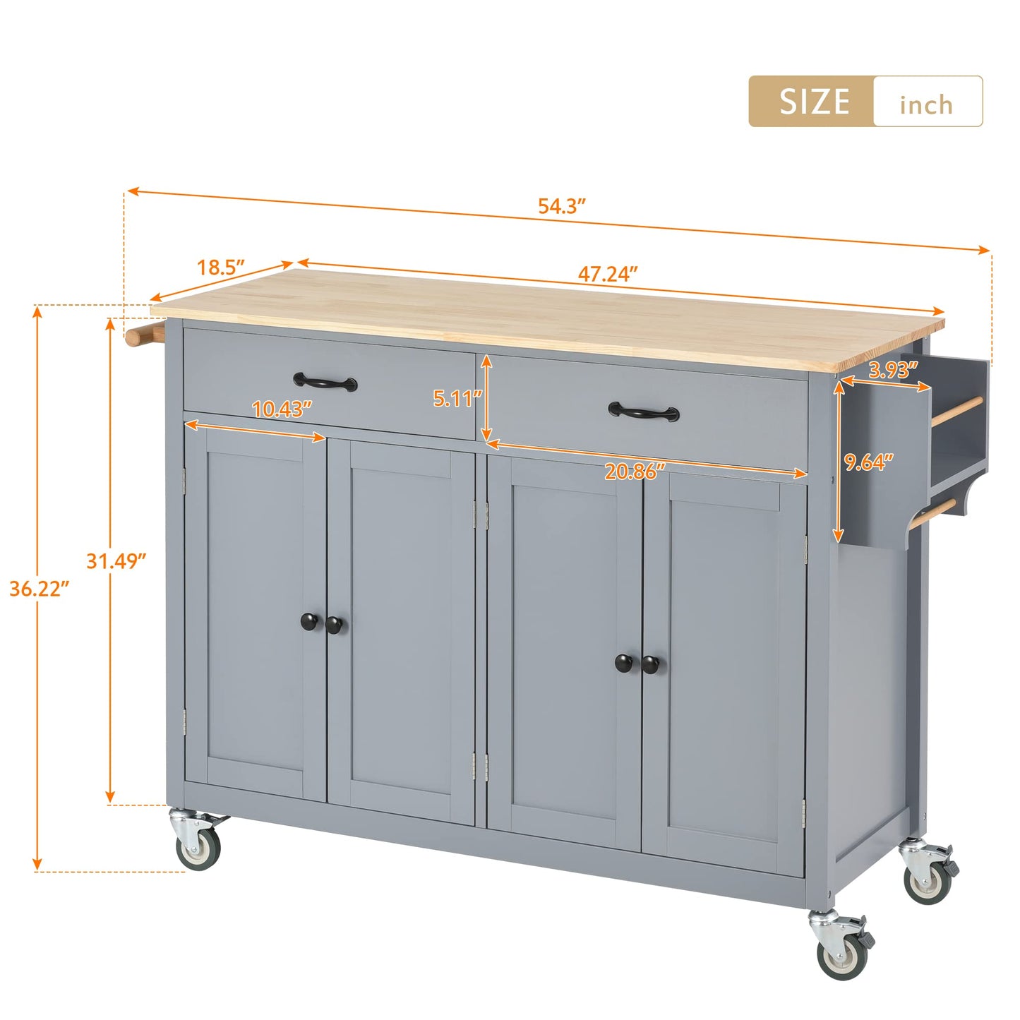 Favfurish Kitchen Island with Solid Wood Top and Locking Wheels,54.3 Inch Width Kitchen Cart W/ 4 Door Cabinet / 2 Drawers/Spice Rack/Towel Rack,for Dining Room,Home Bar,Gray