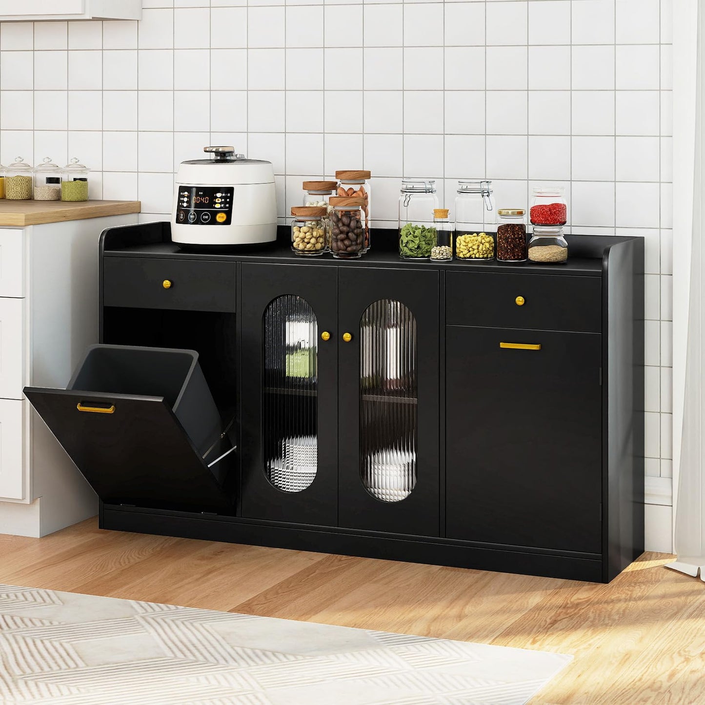 Giantex 55" Farmhouse Buffet Cabinet, Large Credenza w/Hidden Tilt Out Trash Can, 2 Glass Doors, 2 Drawers & Adjustable Shelves, Modern Sideboard Coffee Bar Cabinet for Kitchen, Dining Room (Black)