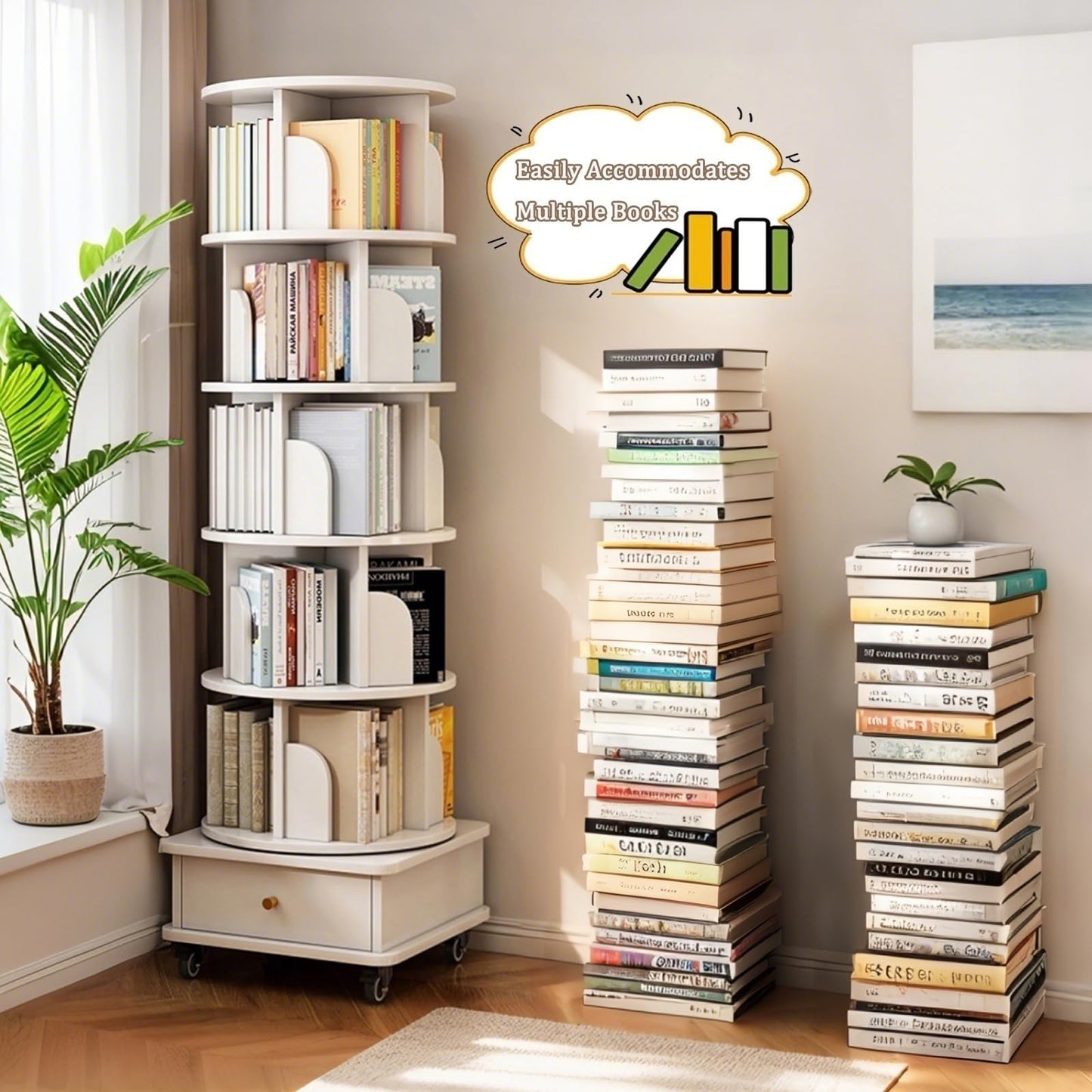 GDFStudio 6-Tier Rotating Bookshelf with Wheels & Drawer, 360° Spinning Round Display Organizer, Space-Saving Storage Tower for Living Room, Home, Office, White