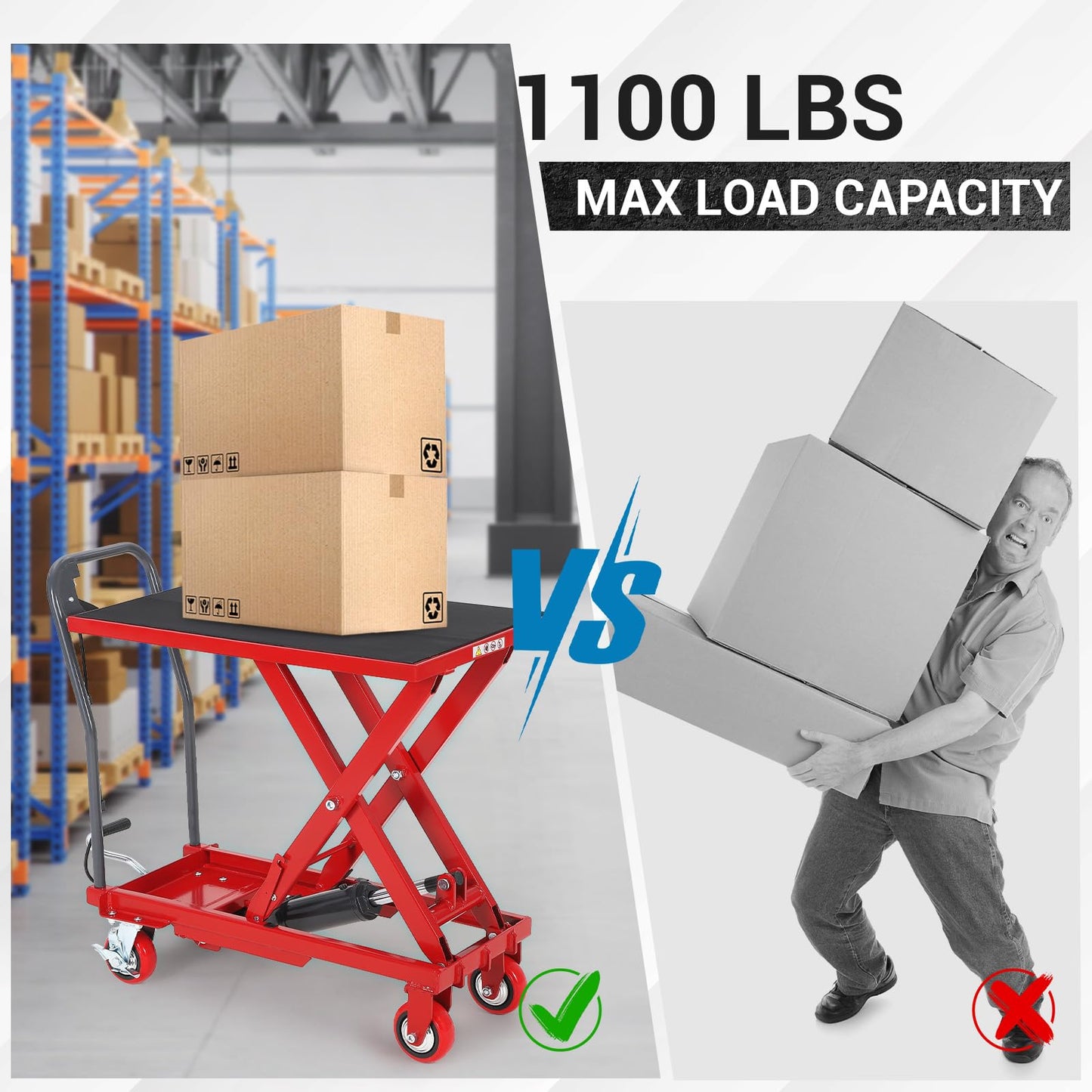 Garvee Hydraulic Lift Table Cart, 1100 LBS Capacity 35.4 in Lifting Height, Single Scissor Lift Table with 4 Wheels and Non-Slip Pad for Material Handling and Transportation, Red