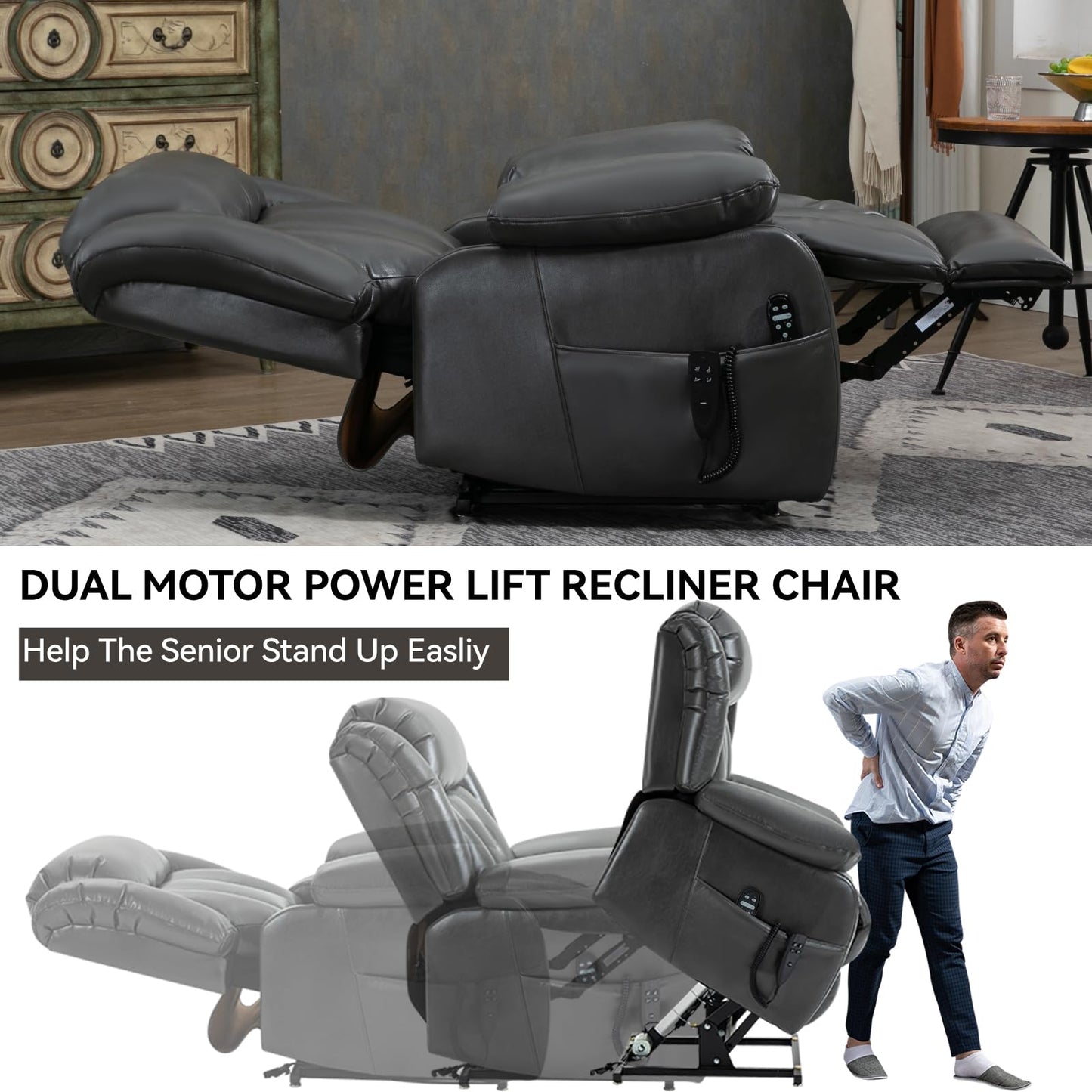 KEIKI Oversized Recliner Chair Electric Dual Motor Lift Leather Recliner for Elderly, Synthetic Leather Upholstery with Infinite Position and Back Massager with Heat, Rocking Lounge Chair, Grey