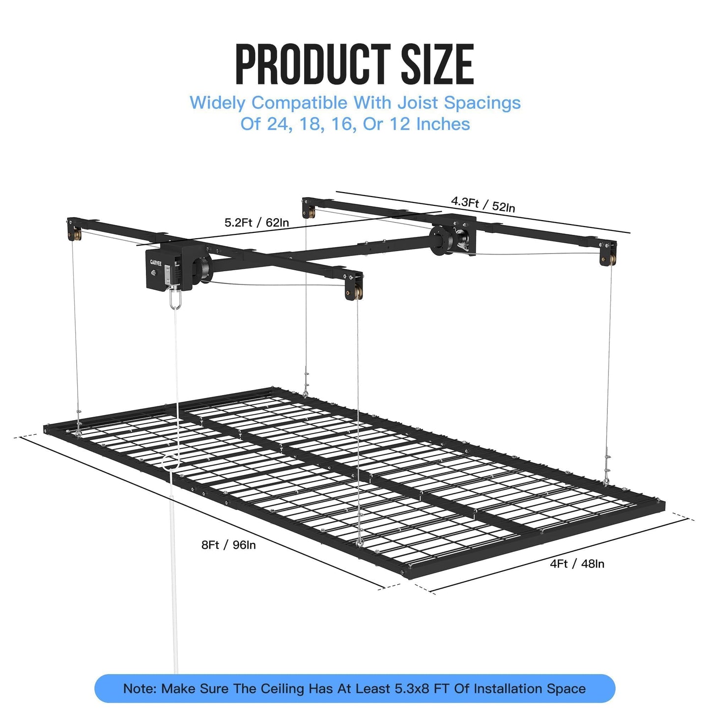 Garvee Overhead Garage Storage Rack Lift, 4x8 ft Ceiling Mounted Storage Racks, 12FT Max Adjustable Height, 800lbs Weight Capacity, Heavy-Duty Metal Ceiling Rack for Organization