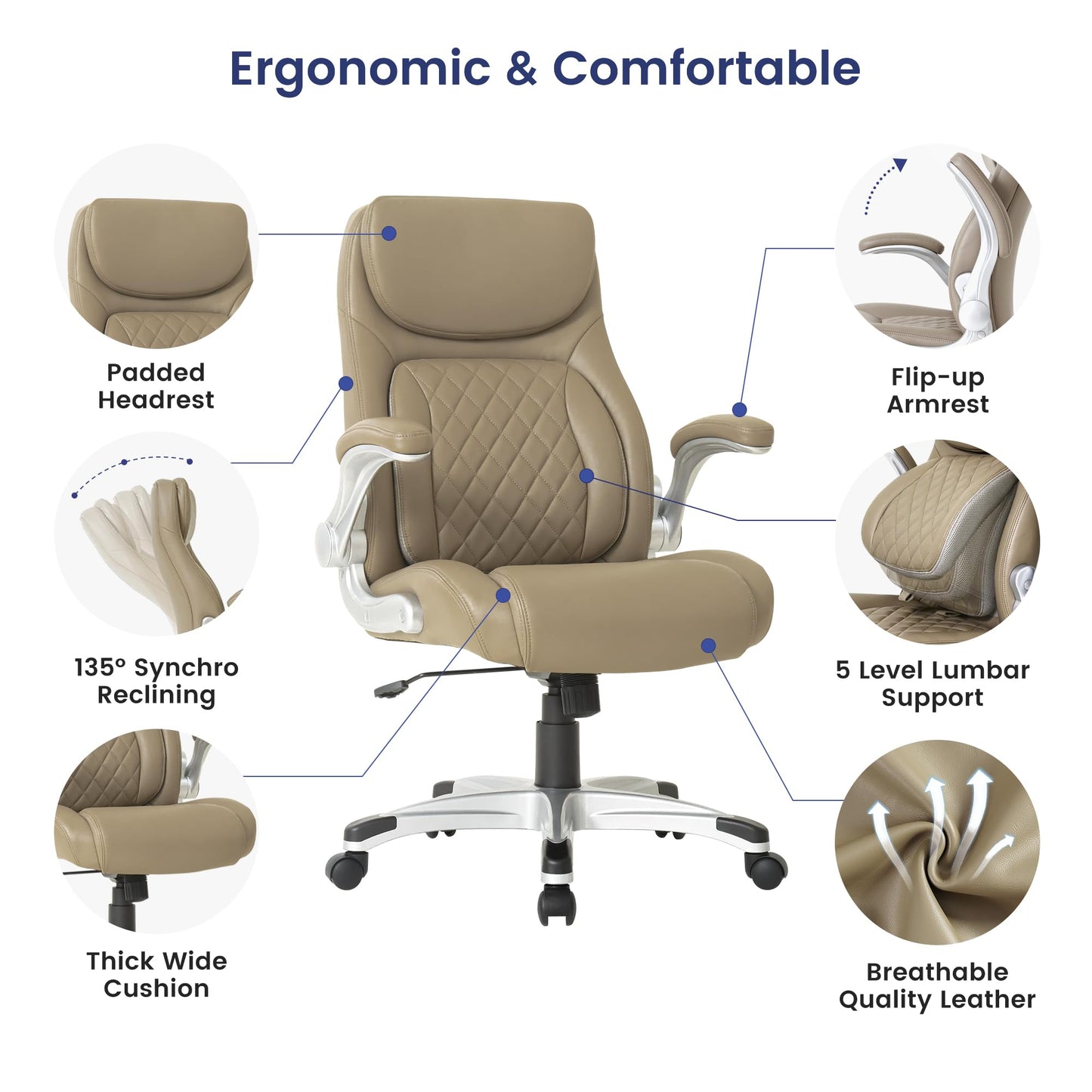 Nouhaus Ergonomic Office Chair Premium Microfiber Leather Adjustable Lumbar Support & Armrests, High Back Comfy Desk Gaming Chairs Executive Computer Swivel Chair Tilt Function(Posture,Taupe)