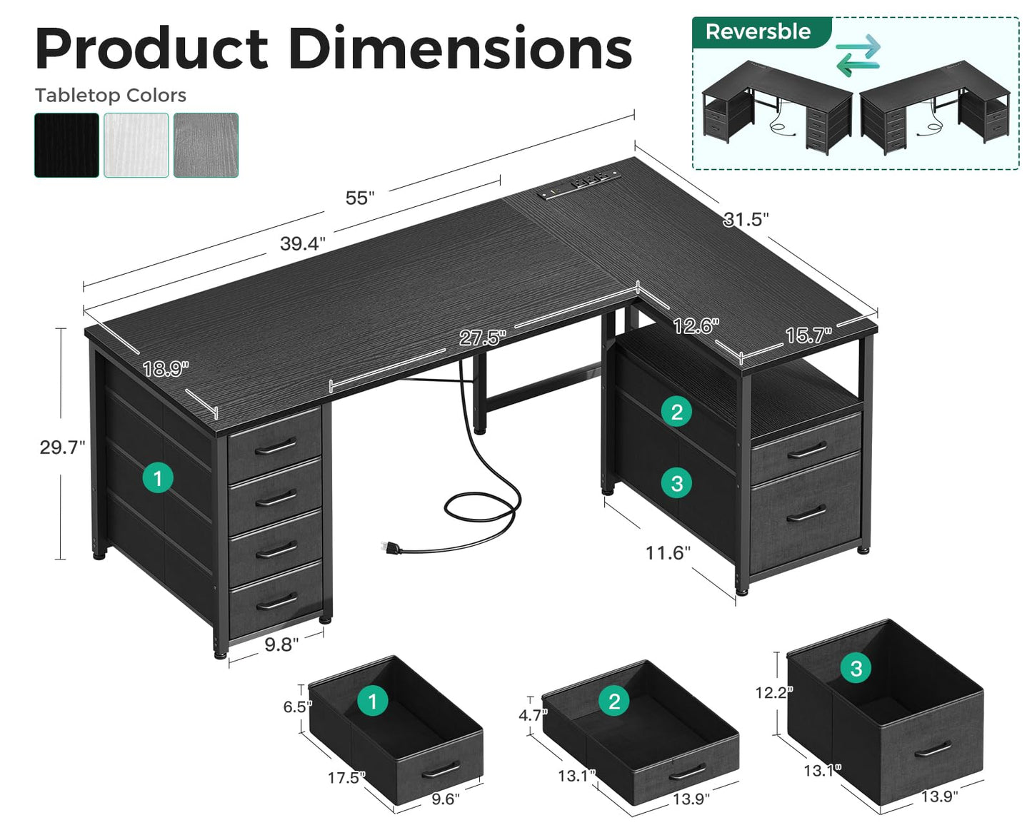 Coleshome L Shaped Computer Desk with 6 Drawers & Power Outlet, 55 Inch Corner Desk with Reversible Storage Shelf & File Drawer, Home Office Desk, Black