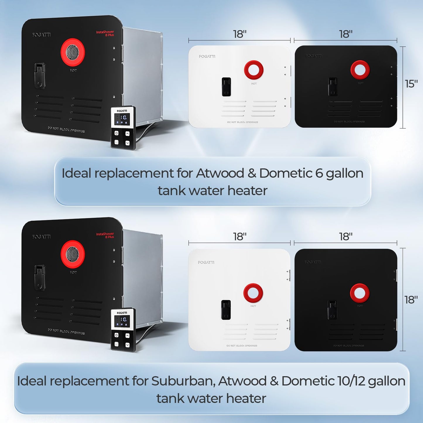 FOGATTI InstaShower 8 Plus RV Tankless Water Heater, 3 Door Size Options (15"x15"/15"x18"/18"x18") for Easy Retrofit, 12V DC, Remote Controller, Propane, Ideal for RV Families & Campers, Gen 3