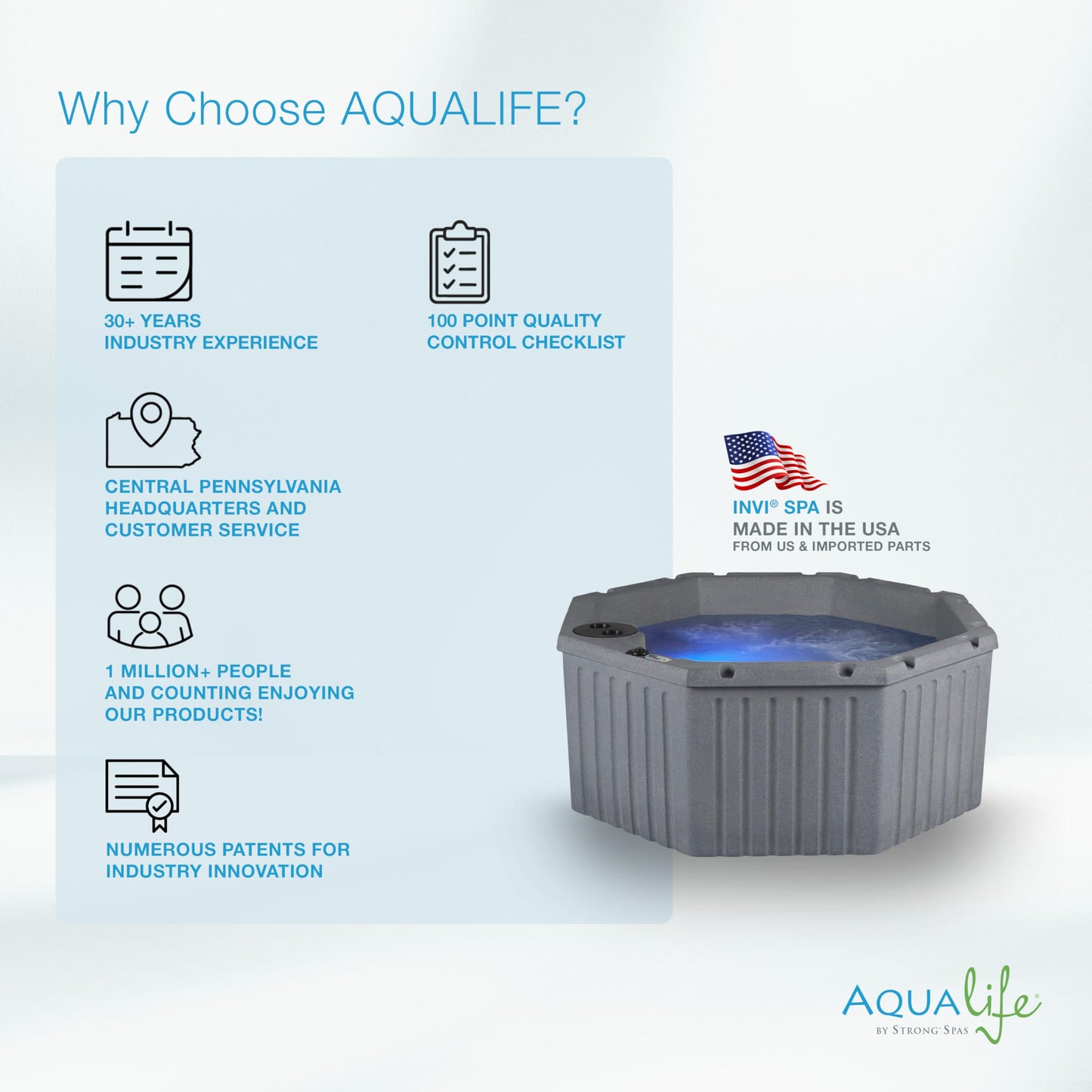 Aqualife by Strong Spas Invi 5 Person Rigid Resin Hot Tub Spa, 11 Jets, 2BHP 2-Speed Pump, Stainless Steel Heater, 120V Plug & Play, Full Foam Insulation, 4 Season Outdoor, LED, Cover and Filter