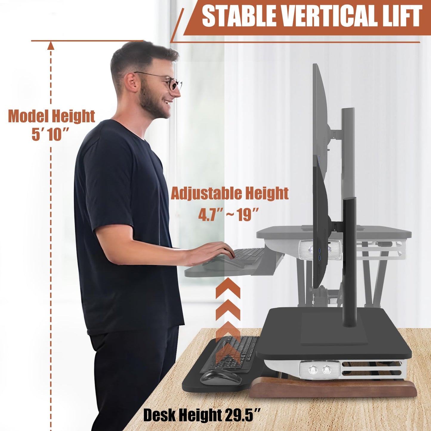 Electric Standing Desk Converter with Keyboard Tray, 26x16 Inch, Height Adjustable Sit to Stand Desk Riser with Unique Side Cover and Wooden Feet, Small Motorized Monitor Riser for Office & Home