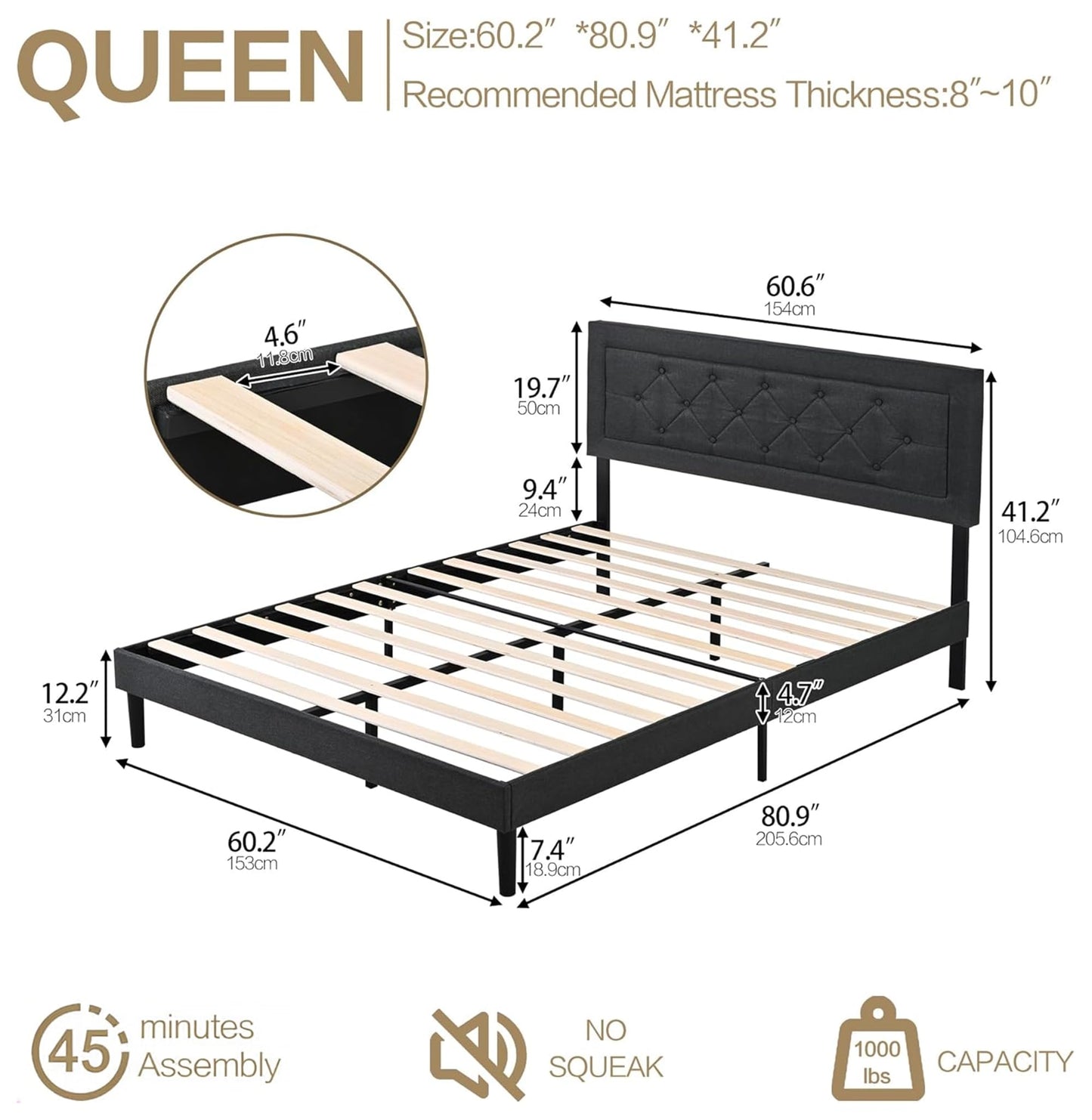 Dearforest Queen Upholstered Bed Frame with Headboard, Heavy Duty Platform Bed Frame, Easy Assembly, Noise-Free, No Box Spring Needed, Strong Metal Support, Under Bed Storage Space (Grey, Queen)