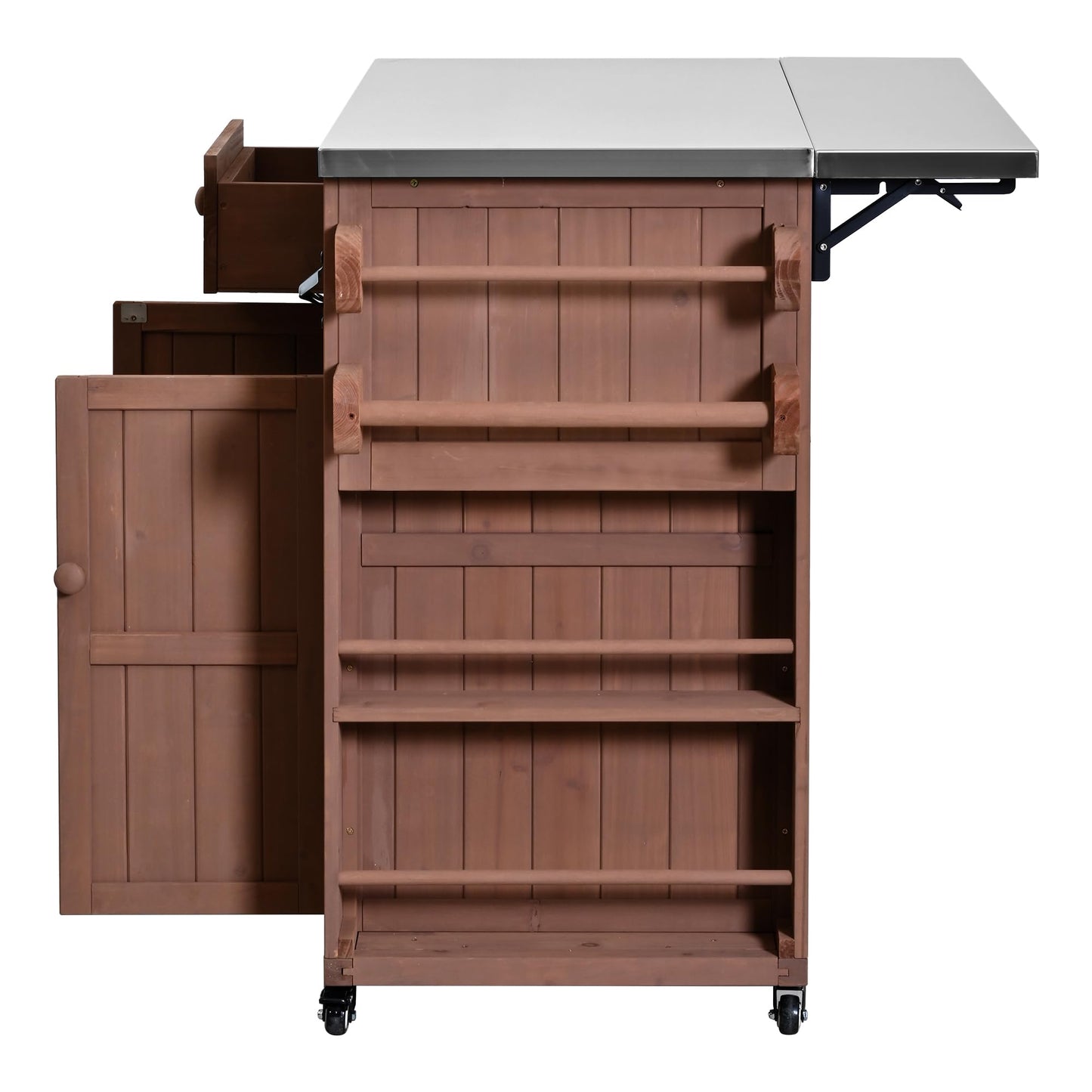 GDFStudio Winford Patio Kitchen Island Cart with Extendable Top, Wooden Outdoor Storage Cabinet with Stainless Steel BBQ Prep Table Top, Drawers, Spice Rack and Lockable Wheels, Potting Bench, Brown